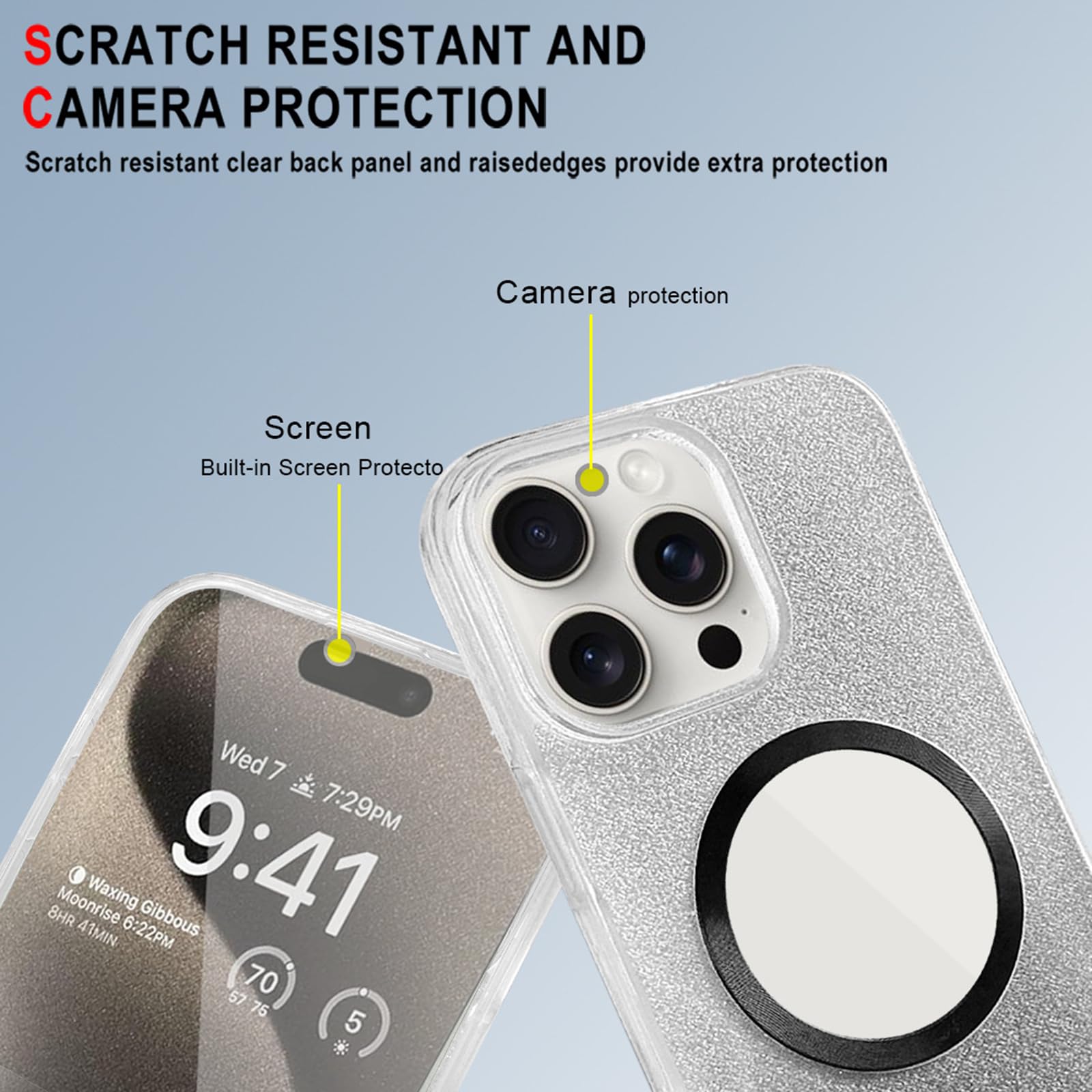 Magnetyczne etui do iPhone'a 16 Pro Max / 16 Pro/16 Plus/16, wbudowana osłona ekranu, brokatowe kryształowe, ochrona telefonu, kolor srebrny, rozmiar 16 Plus
