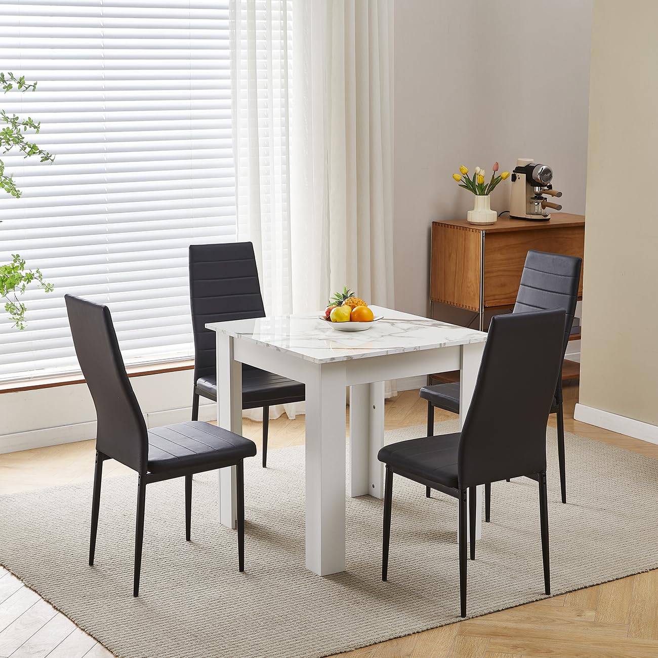 75x75 cm Small Dining Table and 4 Chairs, 4 Seater Table and Chairs Set Kitchen Dining Room Set for 4, Compact, Space Saving, Wooden, Glossing Tabletop Marble-White (4 Seats, Faux Leather Black #1)