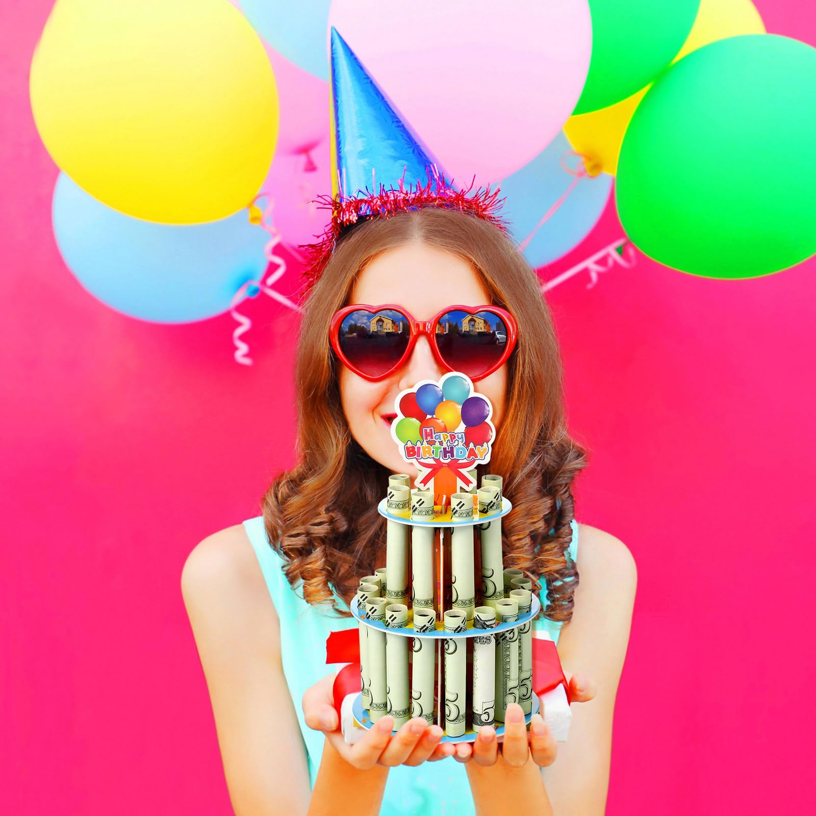 2 piezas de soporte de dinero de cumpleaños para regalo, colorido feliz cumpleaños, soporte de efectivo de doble capa con 24 agujeros, soporte para dinero en efectivo, ideas de regalo para 5