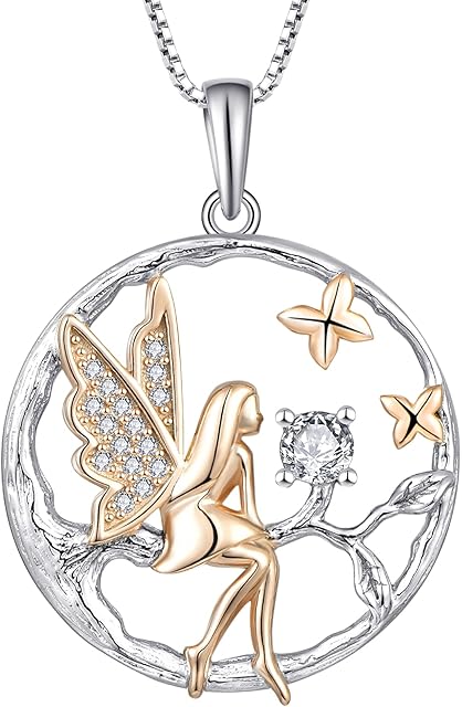 FJ Guardian Angel Pendant Necklace 925 Sterling Silver Tree of Life Necklace Butterfly Fairy Necklace with Birthstone Cubic Zirconia Jewellery Gifts for Women Girls