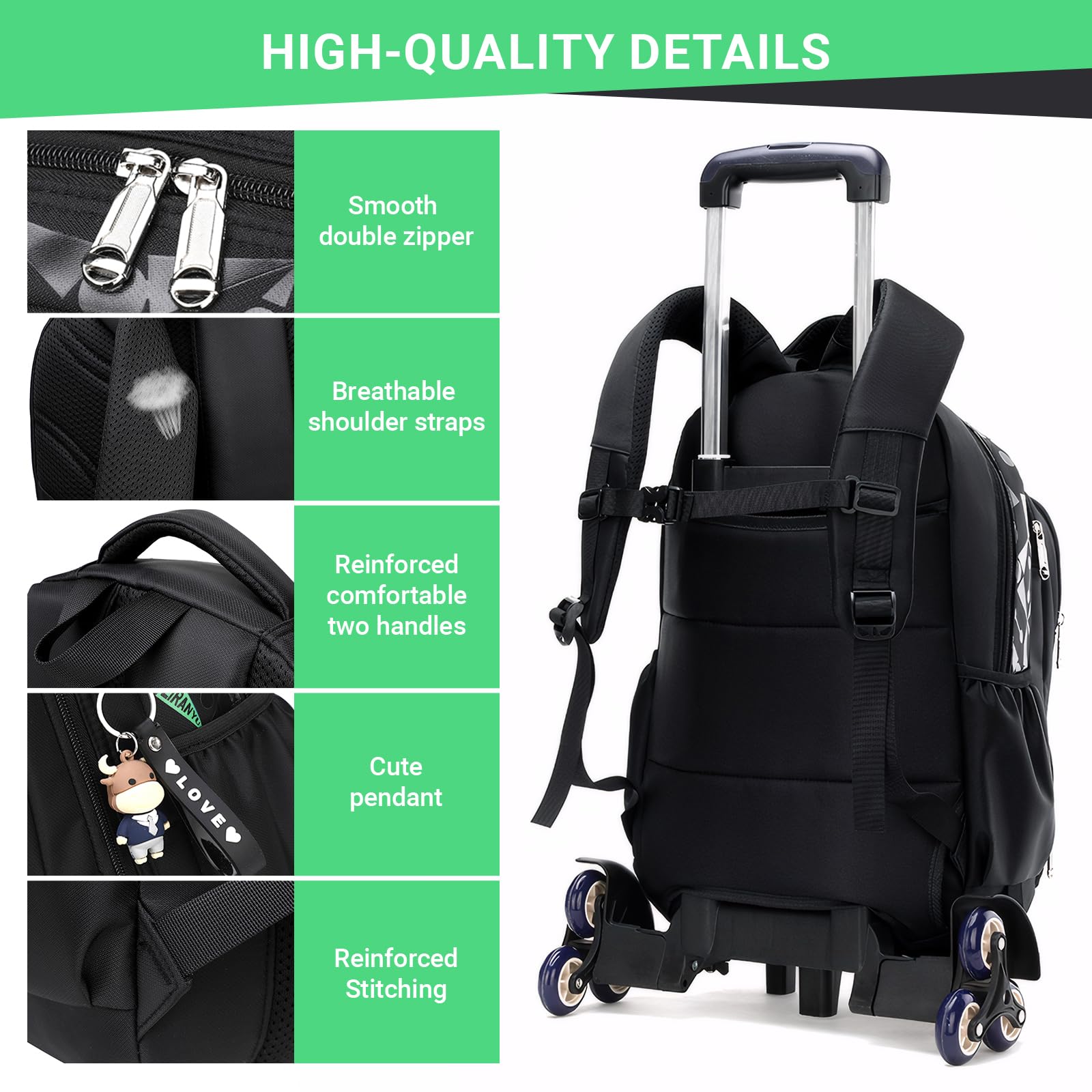 Amythe Zaino Trolley per Bambini Zaini Scuola Elementare, Zainetto Ragazzi da Viaggio con Carrello e Maniglia Telescopica, 6 Ruote, Nero