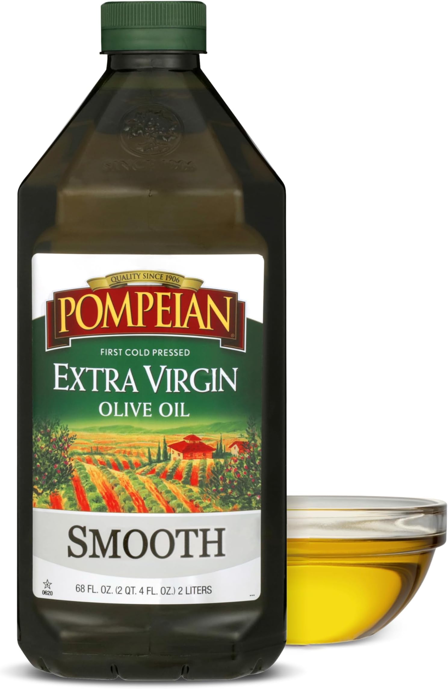 Pompeian Smooth Extra Virgin Olive Oil, First Cold Pressed, Mild and Delicate Flavor, Perfect for Sauteing and Stir-Frying, Naturally Gluten Free, Non-Allergenic, Non-GMO, 68 Fl Oz (Pack of 1)