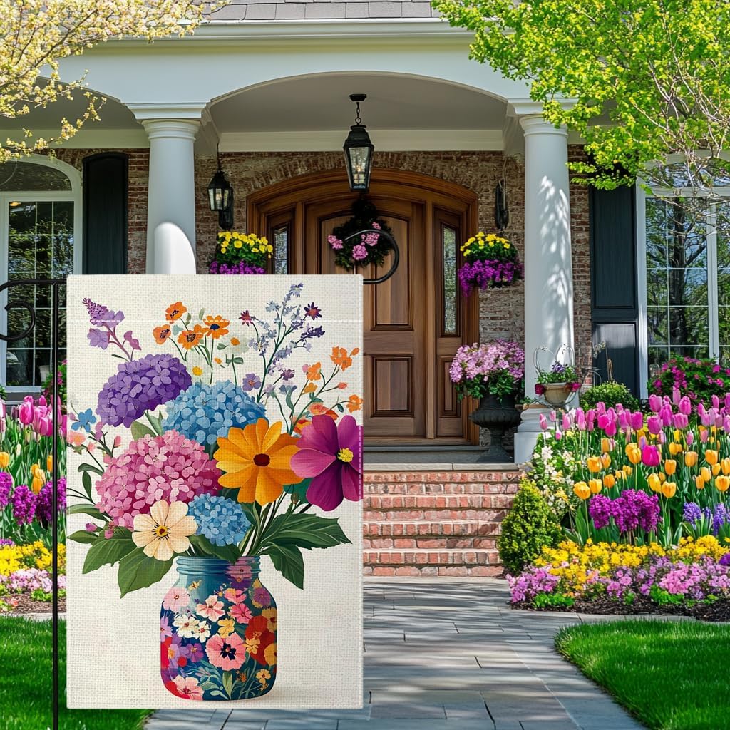 Spring Summer Colorful Floral Mason Jar Garden Flag 12x18 Inch Double Sided Hydrangea Flower Yard Outdoor Flag House Holiday Outside Decoration - Image 4