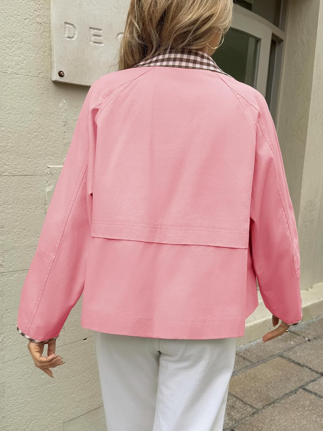 Tankaneo Womens Cropped Jacket Lightweight Casual Zip Up Barn Jackets Fall Contrast Plaid Outerwear Coat - Image 5