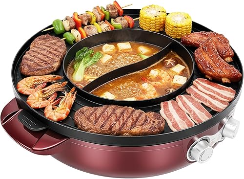 Olla caliente extraíble con parrilla, 2200 W, 2 en 1, parrilla eléctrica sin humo y olla caliente con control de temperatura dual separado, sartén