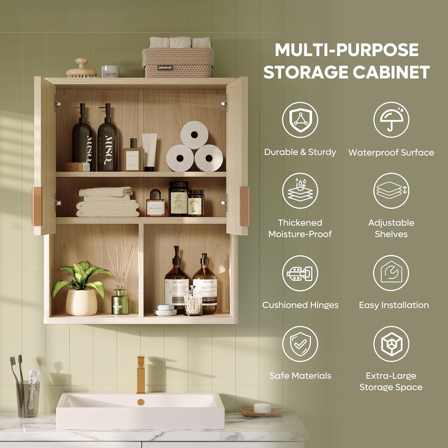 Besiter Fluted Bathroom Wall Cabinet, 23"x 29" Wall Mounted Medicine Cabinet with 2 Doors & Adjustable Shelves, Over The Toilet Storage Cabinet for Laundry Rroom, Kitchen & Living Room, Natural Oak