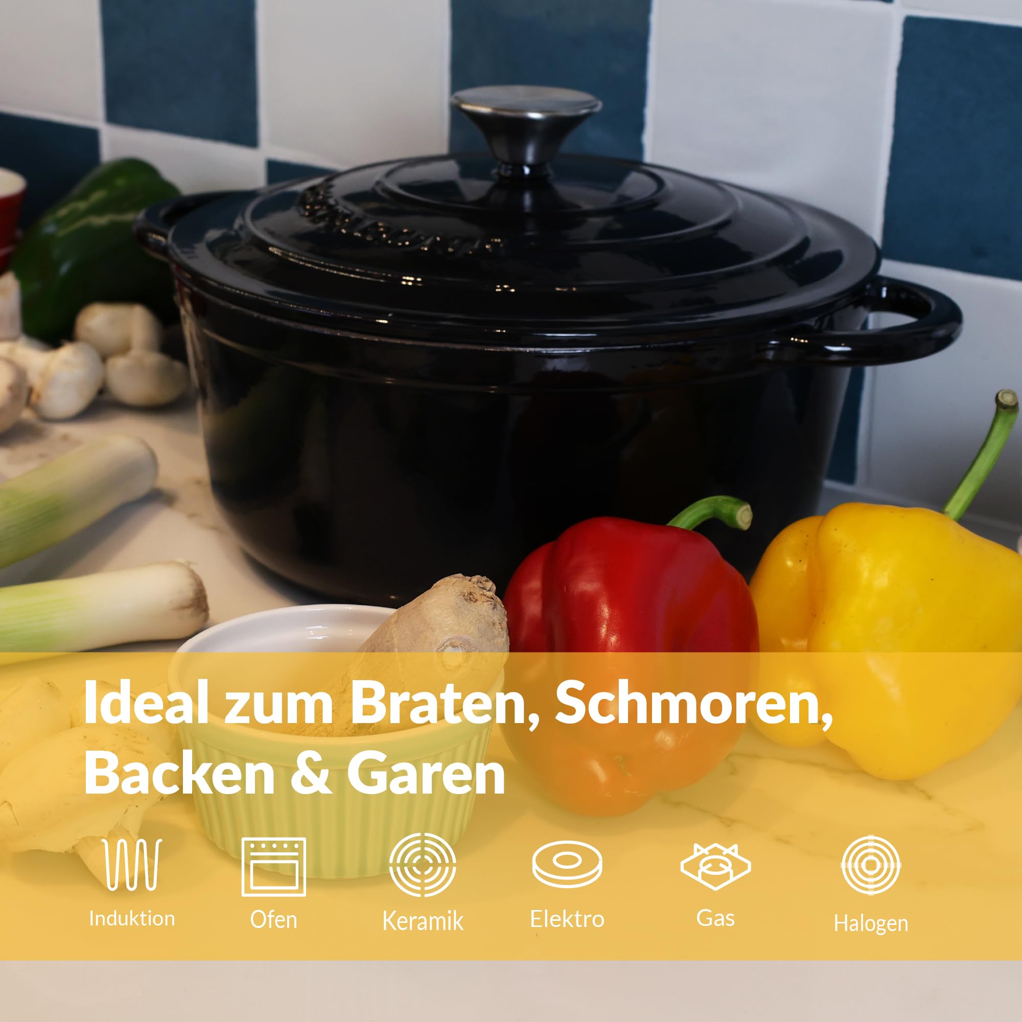 Chefarone Gusseisen Topf 26 cm 4,7 L emailliert - Schmortopf mit Deckel Induktion - Gusseisen Bräter Topf Brot backen - Cocotte emaille - Bratentopf - Brotbacktopf