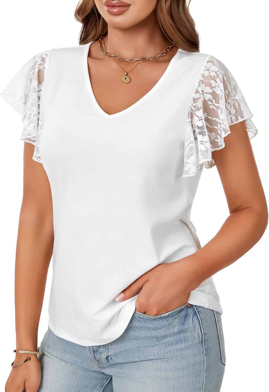 Vrtige Women's Contrast Lace Short Sleeve V Neck Work Office Casual Blouse Shirt Top - Image 4