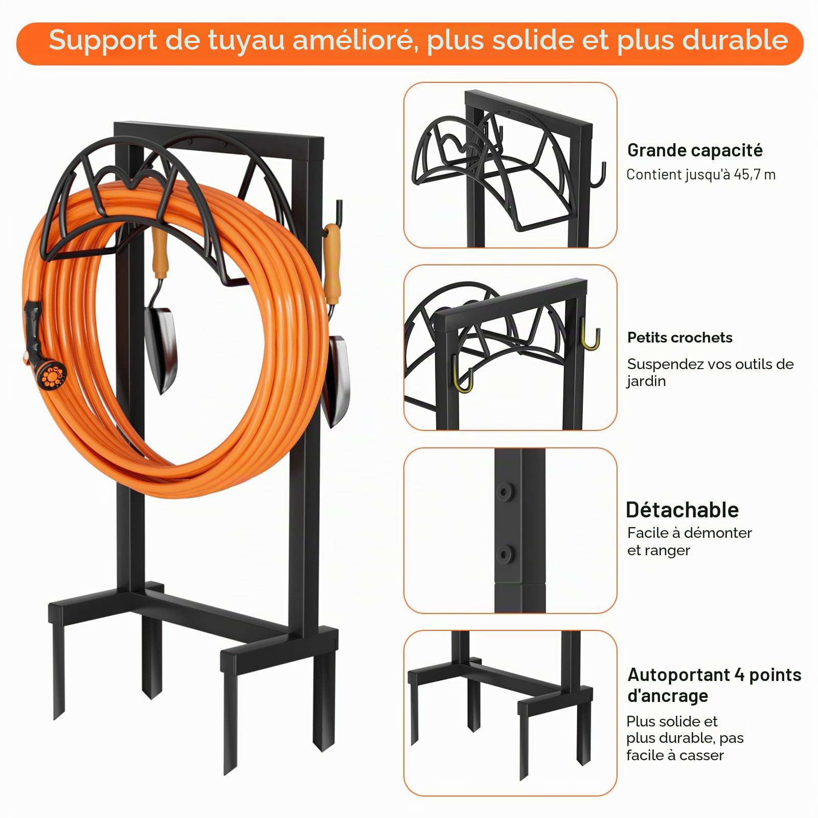 VyGrow Support de tuyau autoportant robuste pour l'extérieur, en métal amélioré avec 4 piquets, porte-enrouleur de arrosage amovible, noir