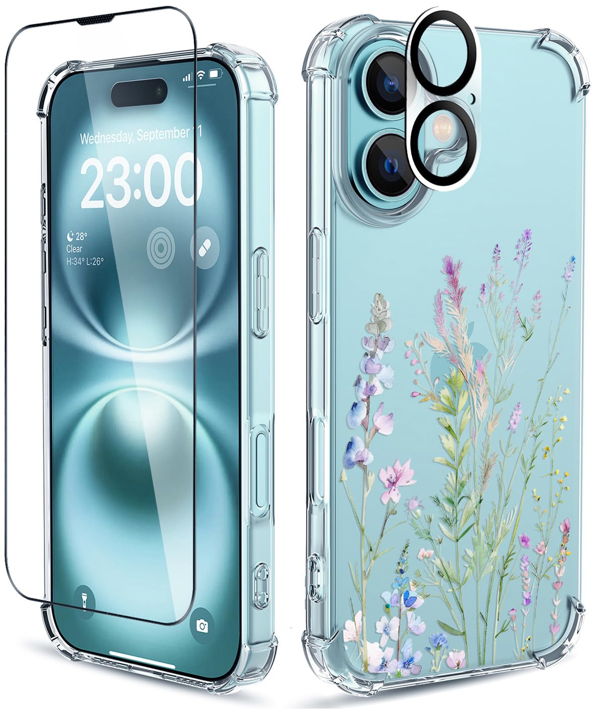 for iPhone 16 Case, 3 in 1 Screen & Lens Protectors, Floral Cover | Soft TPU Material | Clear Cute Flower Design | Shockproof Protection | Designed for Women & Girls,Foxtail Grass Foxtail Grass For iPhone 16