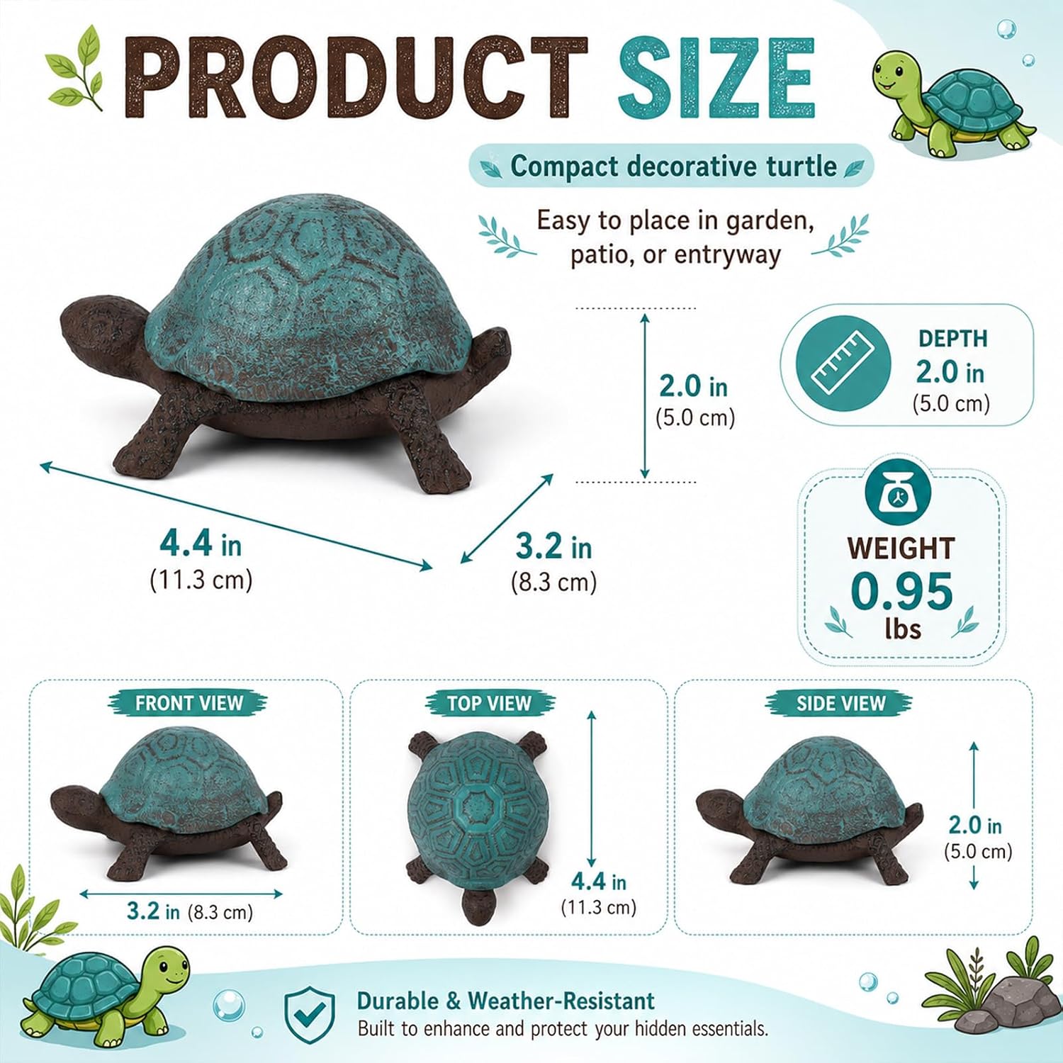 Cast Iron Turtle Key Hider for Outside - Waterproof Spare Key Hider to Hide a Key Securely - Unique Garden Decor for Yard, Patio & Outdoor Areas (Cute vintage blue, Standard)