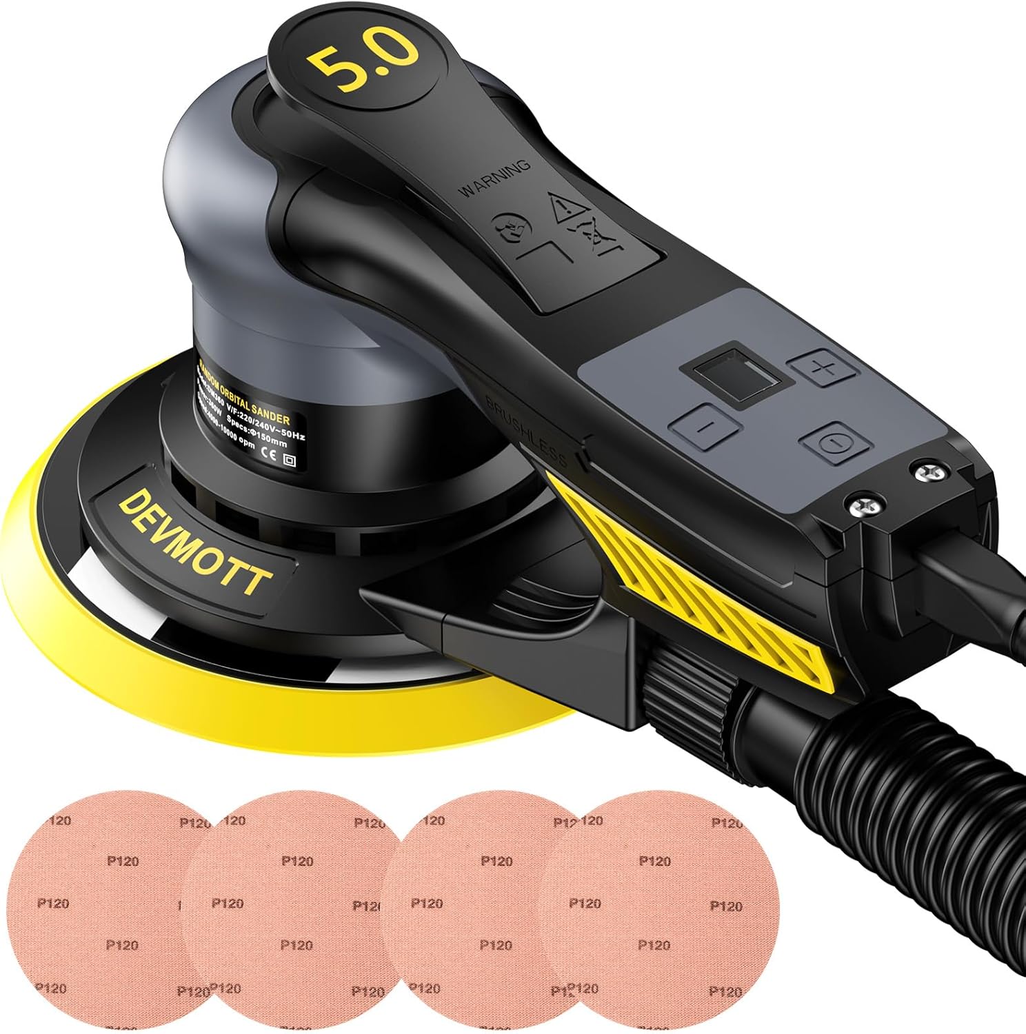 Random Orbital Sanders 5.0mm, 360W Brushless Electric Orbital Sander with 150mm/6IN Backing Plate, 6 Variable Speed to 10000RPM, Hand Sander for Wood Sanding