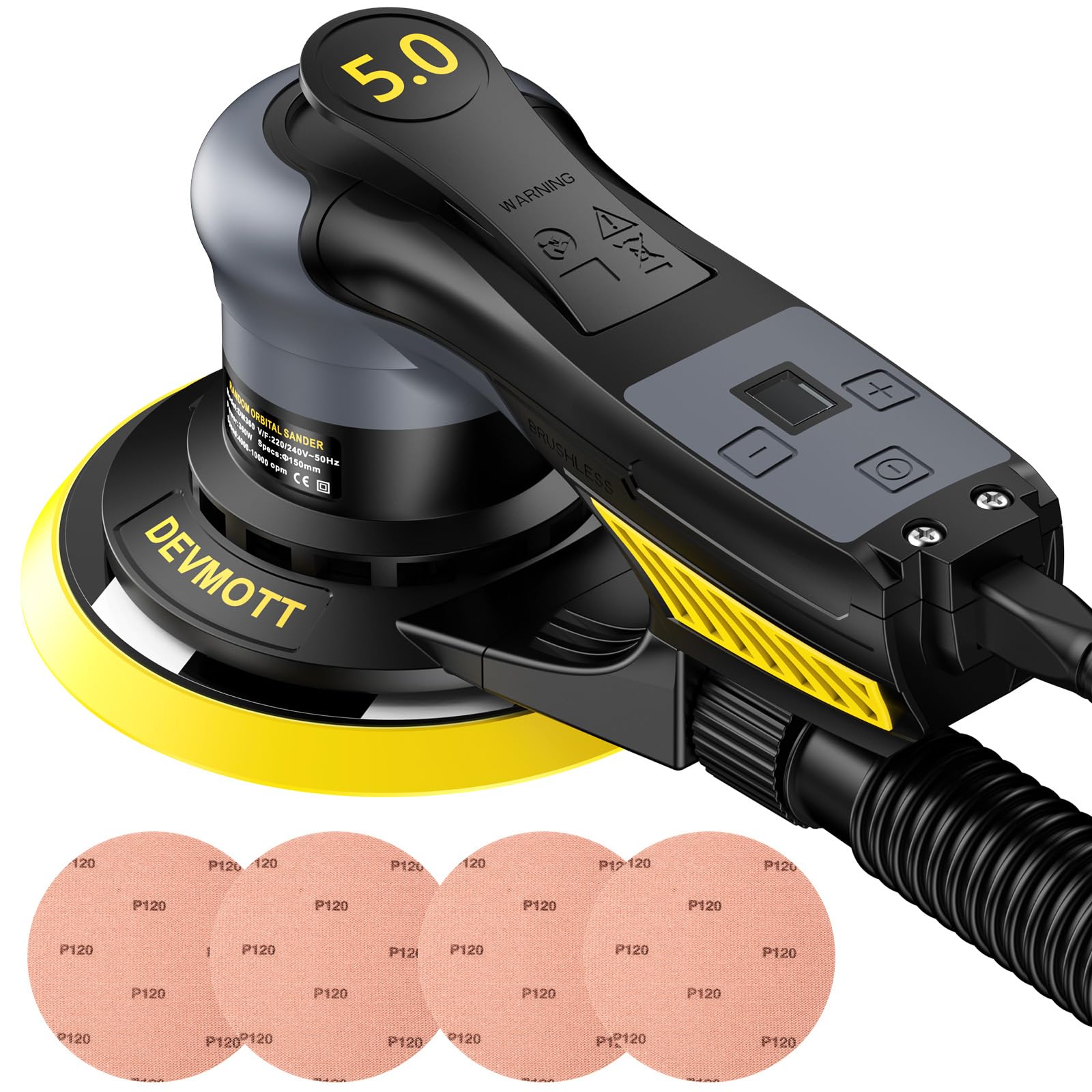 360W Bürstenloser Exzenterschleifer, 5.0 mmSchleifhub, Elektro-Exzenterschleifer mit 150 mm/6 Zoll Stützteller, 4000-10000 U/min, Vibrationsarm, Exenterschleifmaschine für Holzoberflächen