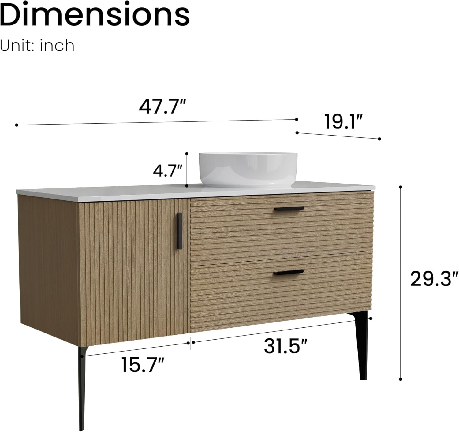48 Inch Bathroom Vanity with Sink, Modern Striped Bathroom Cabinet with Engineered Stone Top, Soft-Closing Drawers, 1 Door, Large Storage for Small Bathroom, Natural Oak, Cypress Collection