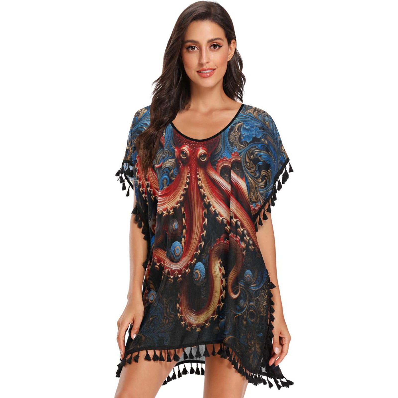 Octopus Red King Women's Beach Cover Up Chiffon Tassel Swimwear Swimsuit Coverups for Girl