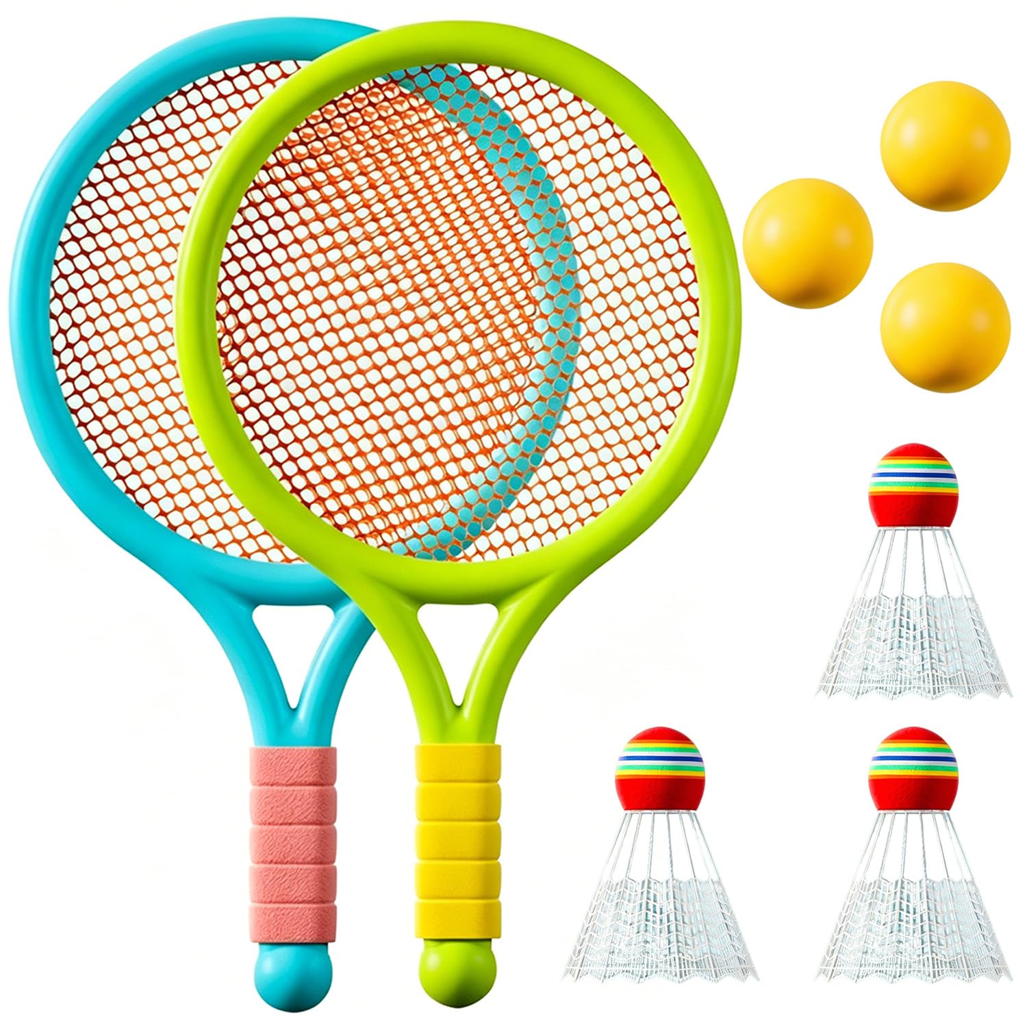 Kids Tennis Rackets Set,2 rackets, 3 badminton balls,3 tennis balls（E）