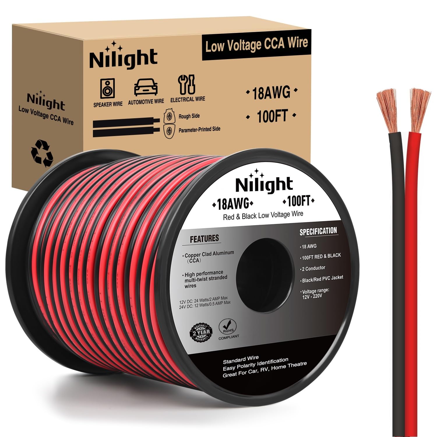 Nilight 100FT 18AWG Copper Clad Aluminum Wire 18 2 Gauge Red Black CCA Electrical Cable 2 Conductor Parallel