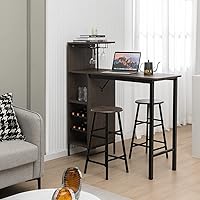 Vista 2 de COSTWAY Juego de mesa y silla de bar de 3 piezas, mesa de pub industrial y taburetes con soportes para copas de vino y estantes de vino para 6 Marrón