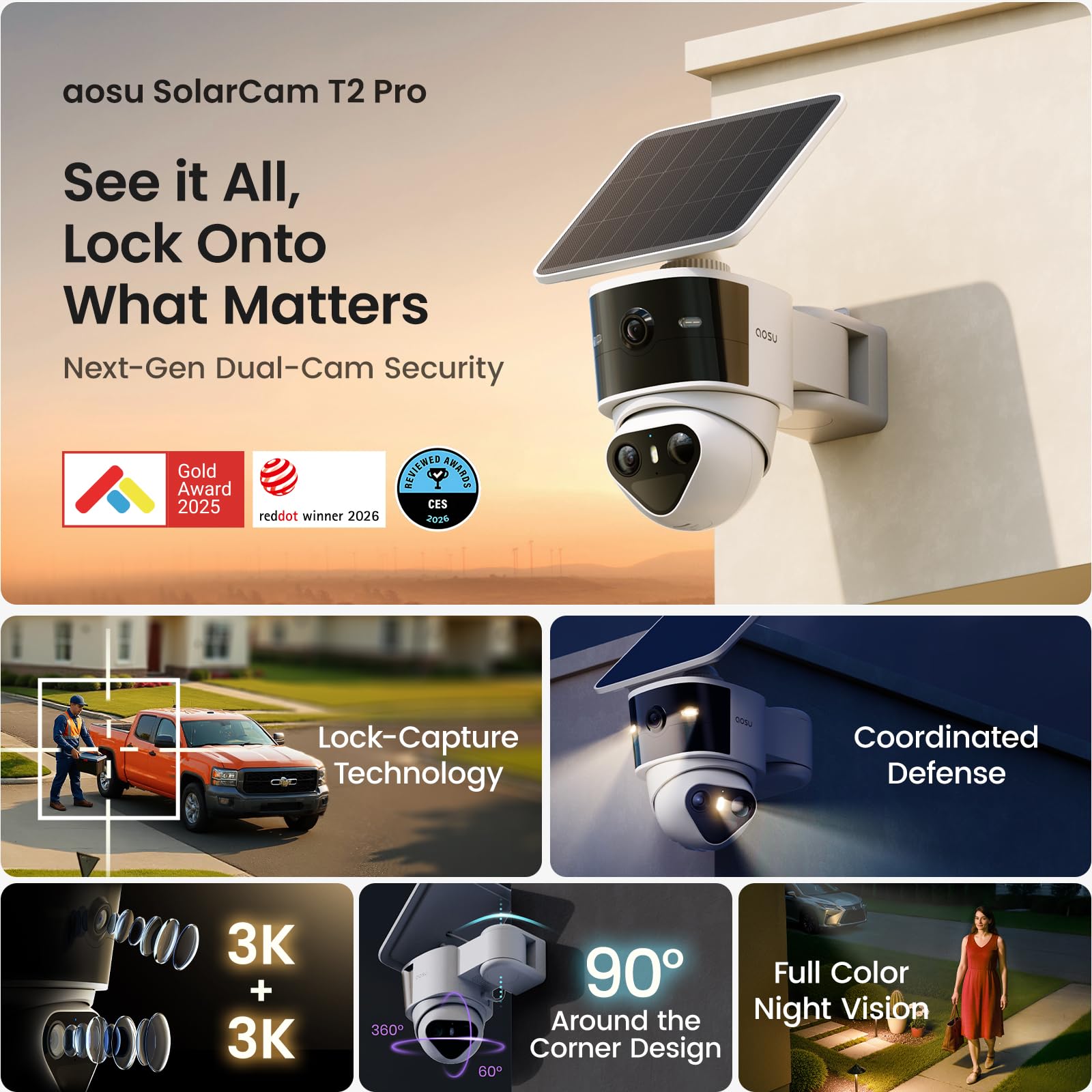 aosu D1 Classic 4-Cam Kit, Security Cameras Wireless Outdoor, Solar Powered | No Subscription Required, 32GB Build-in Storage, 360° Auto Tracking, Solar Powered, 3MP Color Night Vision, Easy Install product image 13