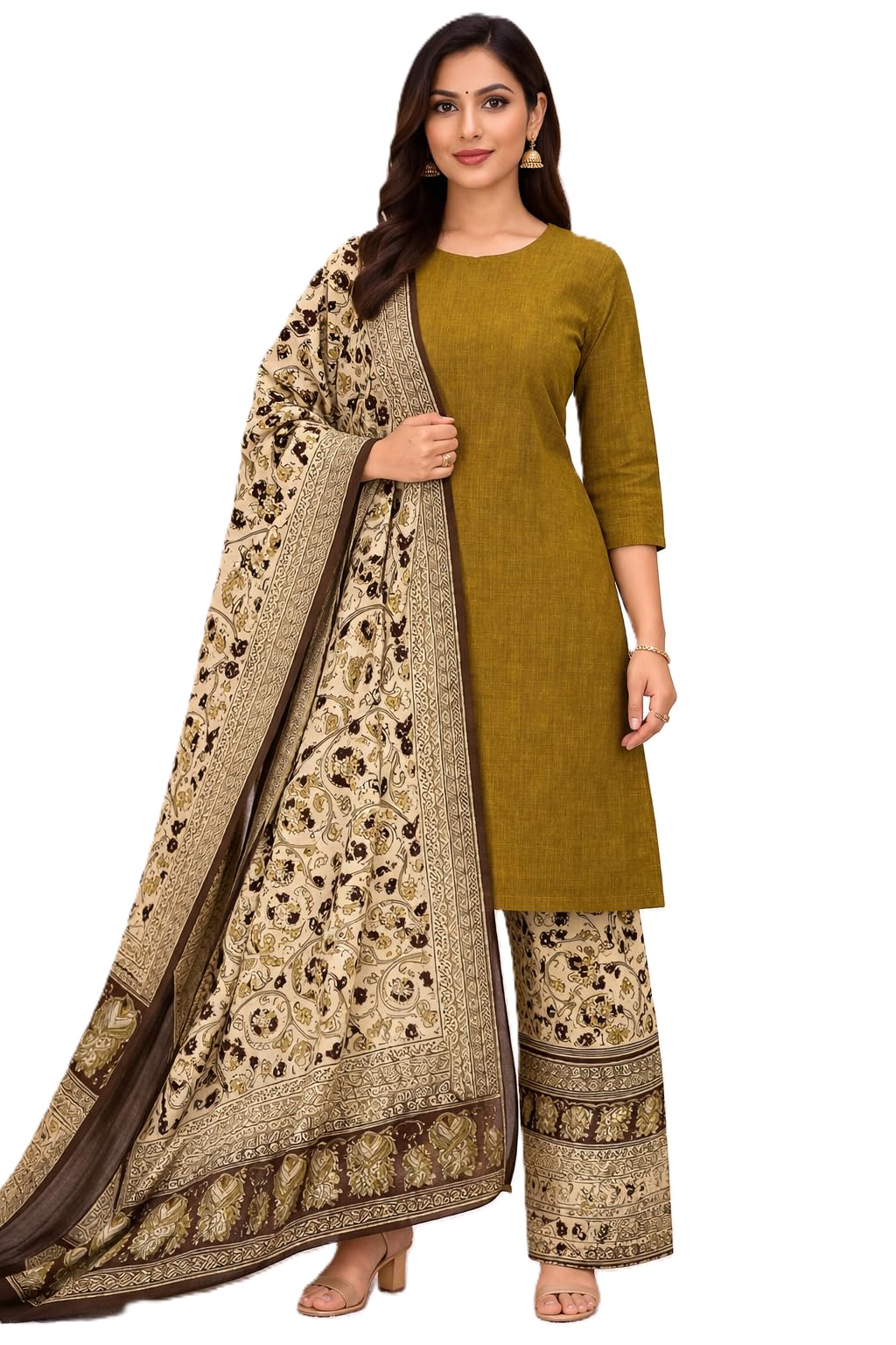 sr handlooms and textiles Kalamkari Mulmul Cotton Unstitched Dress Material Set, Olive Green, Floral Print, 3 Pieces-picture-10