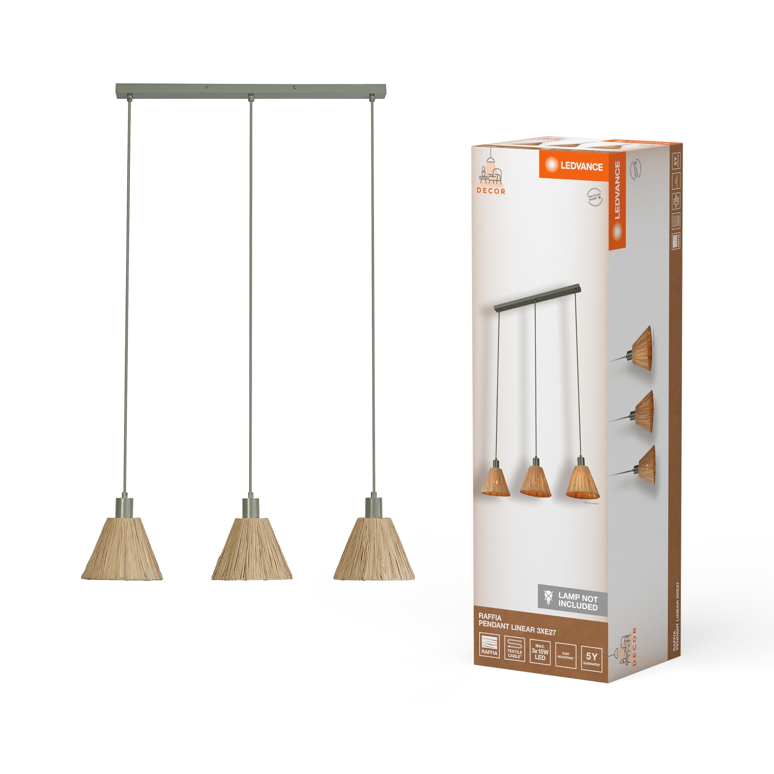 LEDVANCE 3-Bulb Decor Raffia Linear Pendant Light Green Raffia and Metal, E27, 845 mm Length, Lampshade Made from Recycled Material, Sustainable Thanks to Replaceable Light Source, Easy Assembly