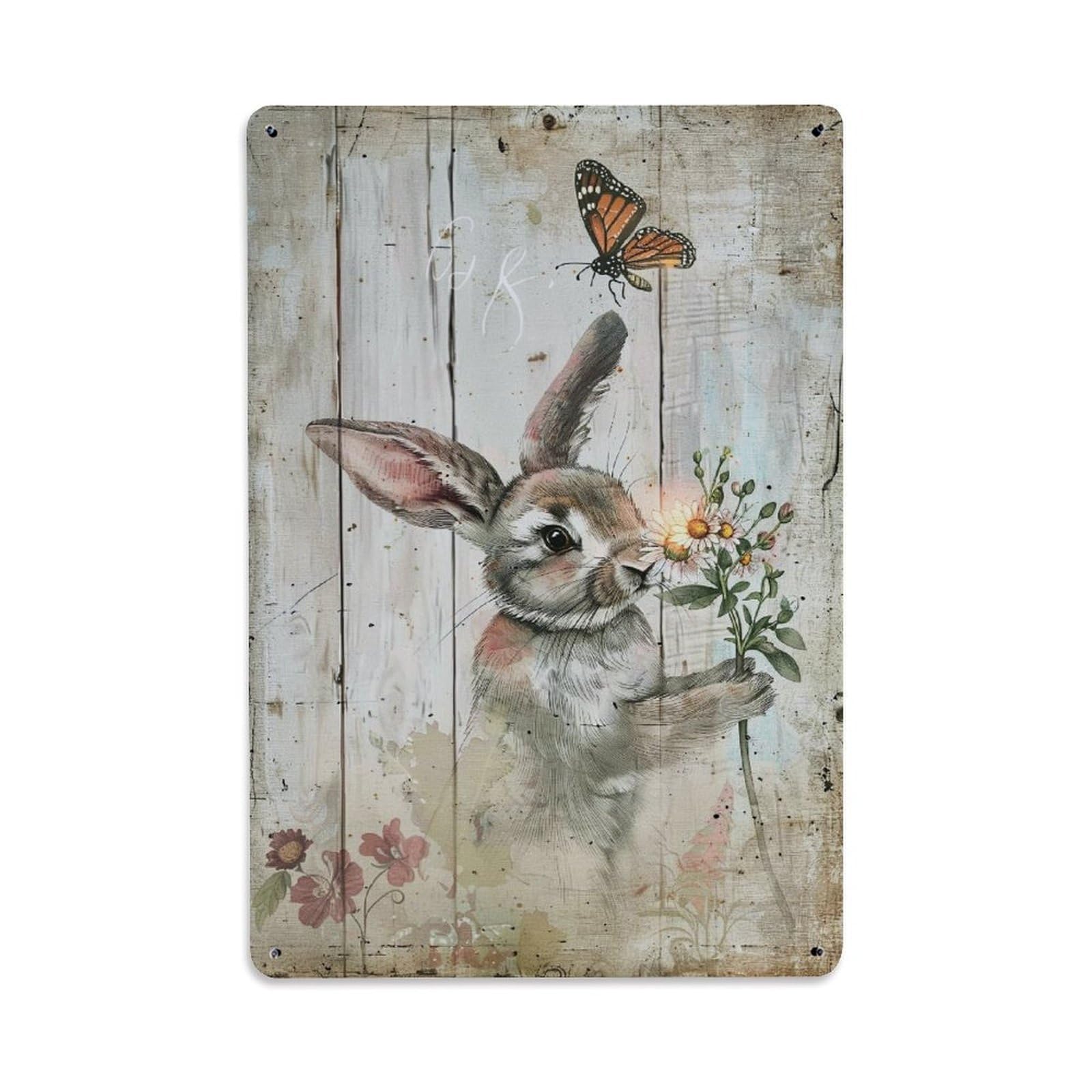 Jdfenggu Vintage Rabbit Butterfly Flower Wood Art Retro Metal Tin Sign, Decor Art Poster For Bar, Home, Man Cave, Kitchen, Laundry Room Gift 8X12inch