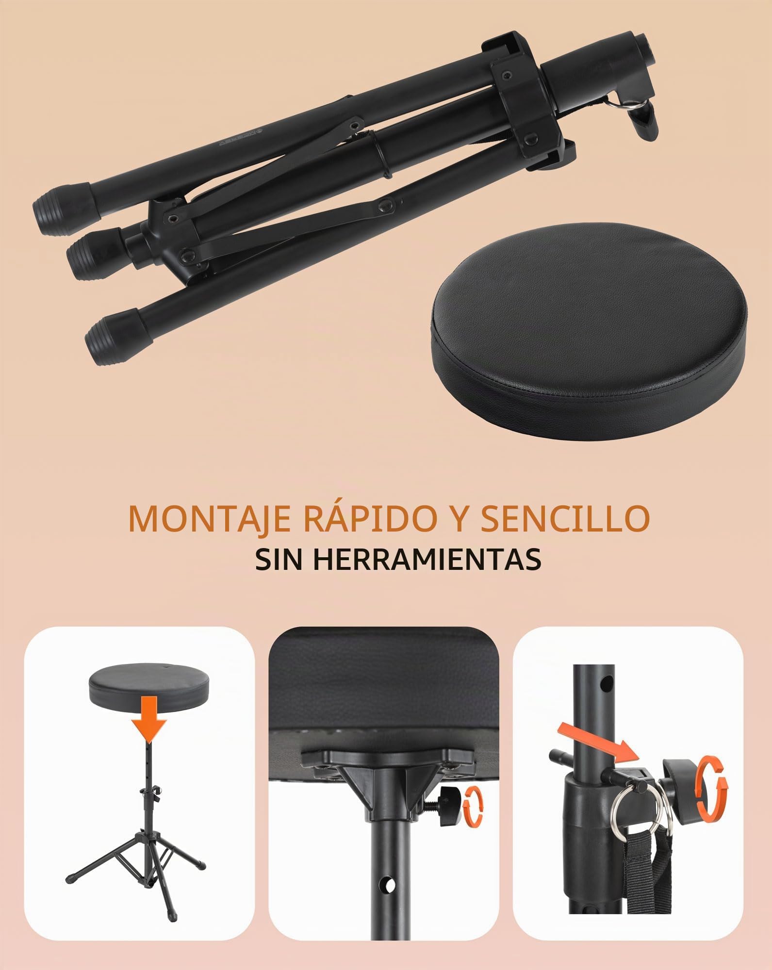 McGrey Taburete KD-10 Plegable y Ligero para batería, Ajustable en Altura, Compacto para Transporte, Asiento Redondo Acolchado y Estructura Estable de Tubo de Acero Negro.