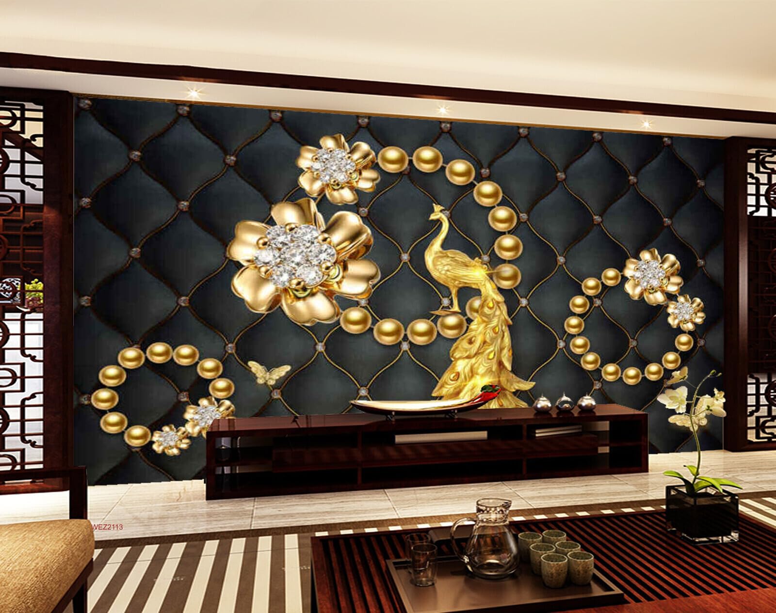 Wall26 - WEZ2113 Designed Flower Ivory Jewellery Pearls Peacock Butterfly Flowers Peacock Beautiful HD 3D Wall Sticker[7 ft x 6 ft] / [213 cm x 183 cm]