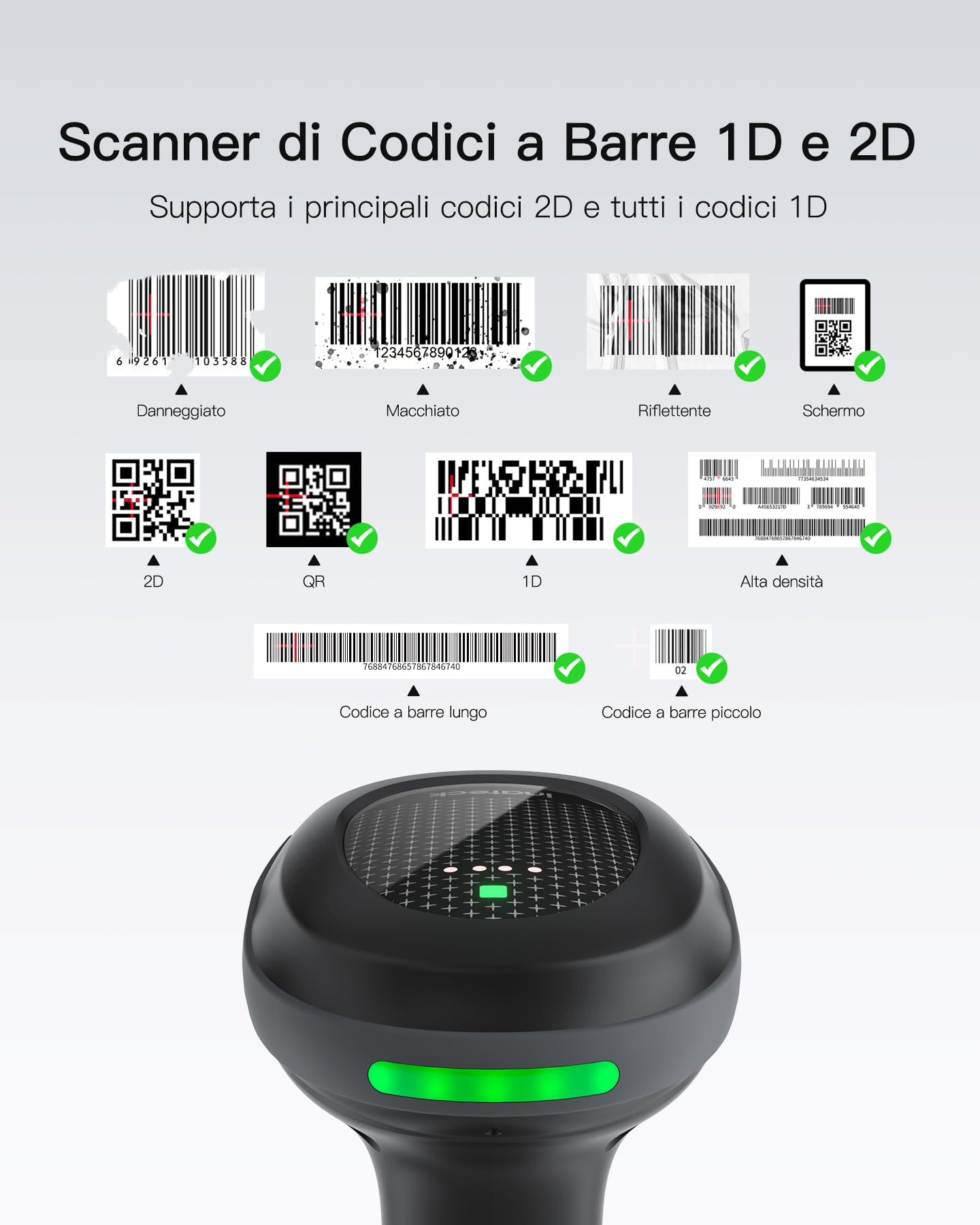 Inateck Lettore Codice a Barre Wireless 1MP 2D QR, Barcode Scanner Bluetooth con Base di Ricarica, 2 x 2000mAh Batterie Sostituibili per Magazzino, Logistica e Inventario