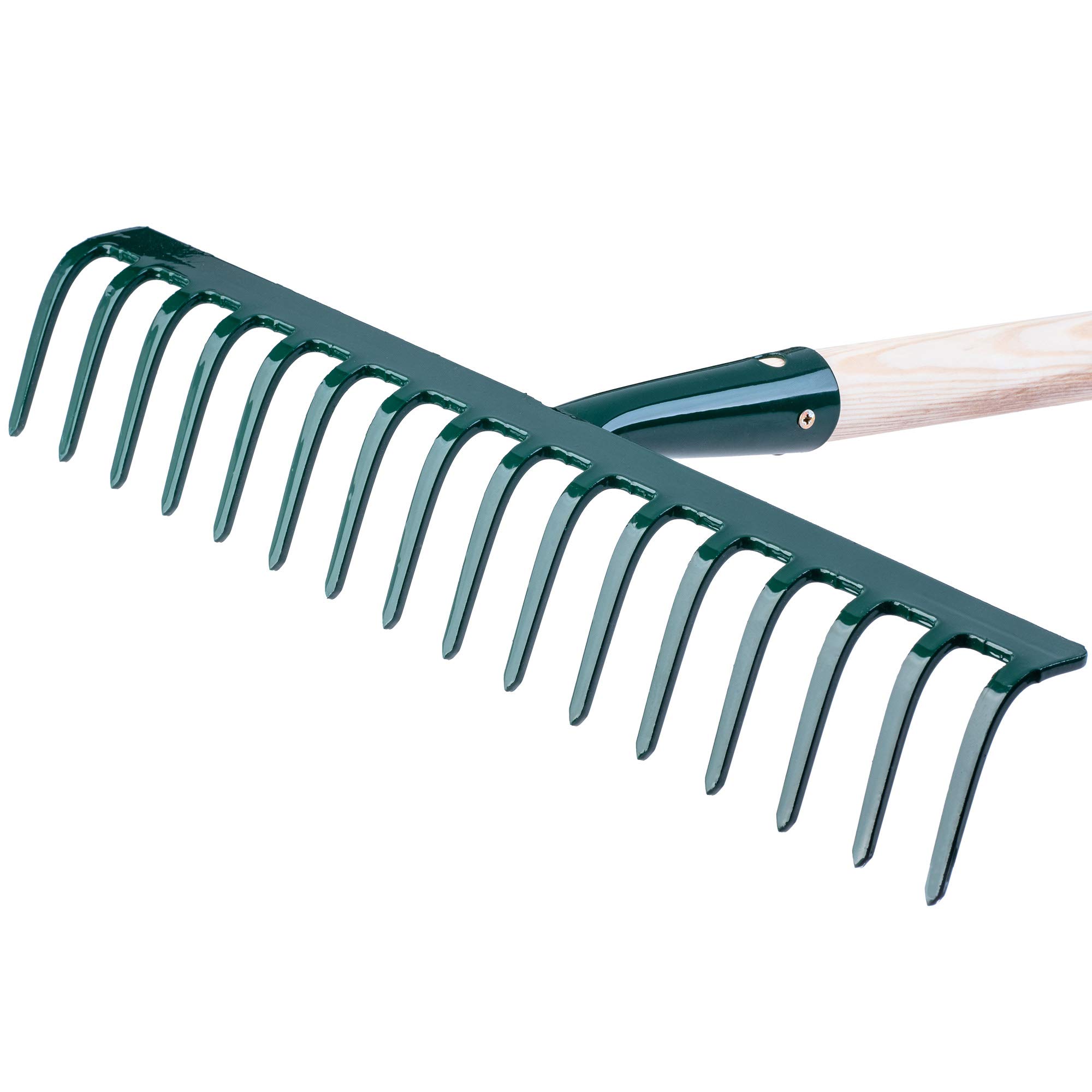 Rechen realizzato in metallo,rastrello piatto con gambo in legno, scope a foglia per giardino, letto, ginocchia, rastrello da prato, verde, unità da giardino, eurechen, utensile da giardino (16 denti)
