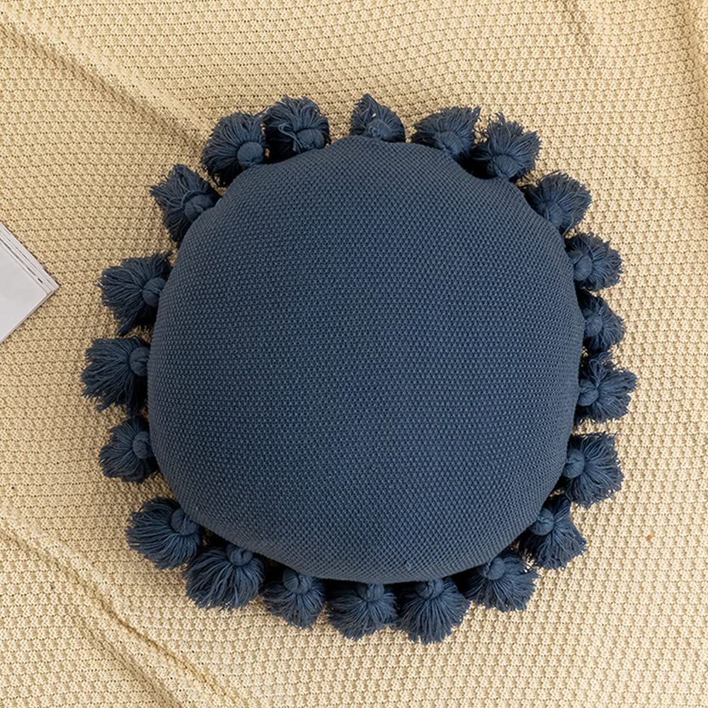 ATMOSURELY Boho Round Knitted Throw Pillow Navy Blue Accent Pillow with Tassel Knit Woven Cushion Pillow Home Decor for Bed Sofa Living Room 18 Inches