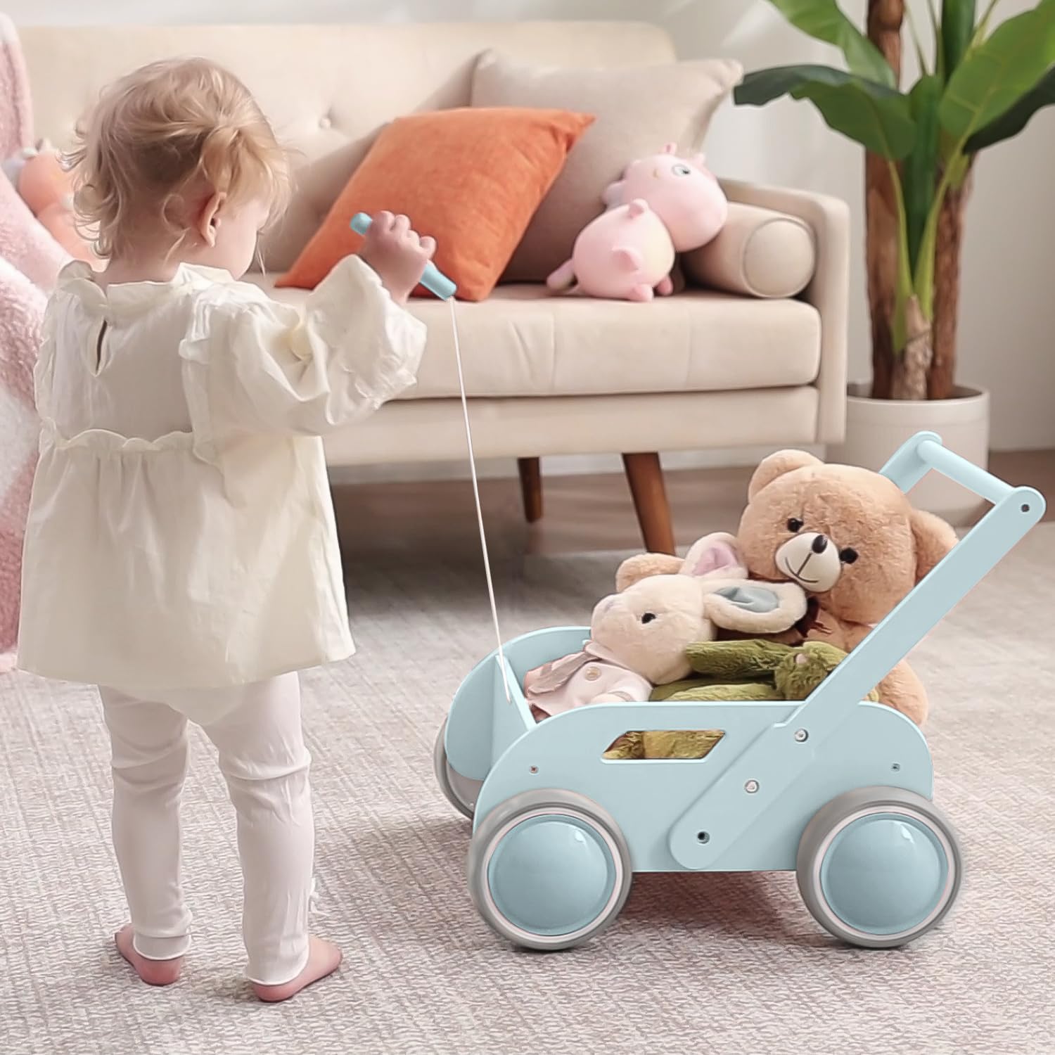 Lauflernwagen Holz, Baby Lauflernhilfe für Junge und Mädchen, Toddler Push & Pull Lauflernspielzeug, Kinderwagen aus Holz, Baby Walker mit Rädern, Geschenk für Geburtstag Weihnachten, Blau