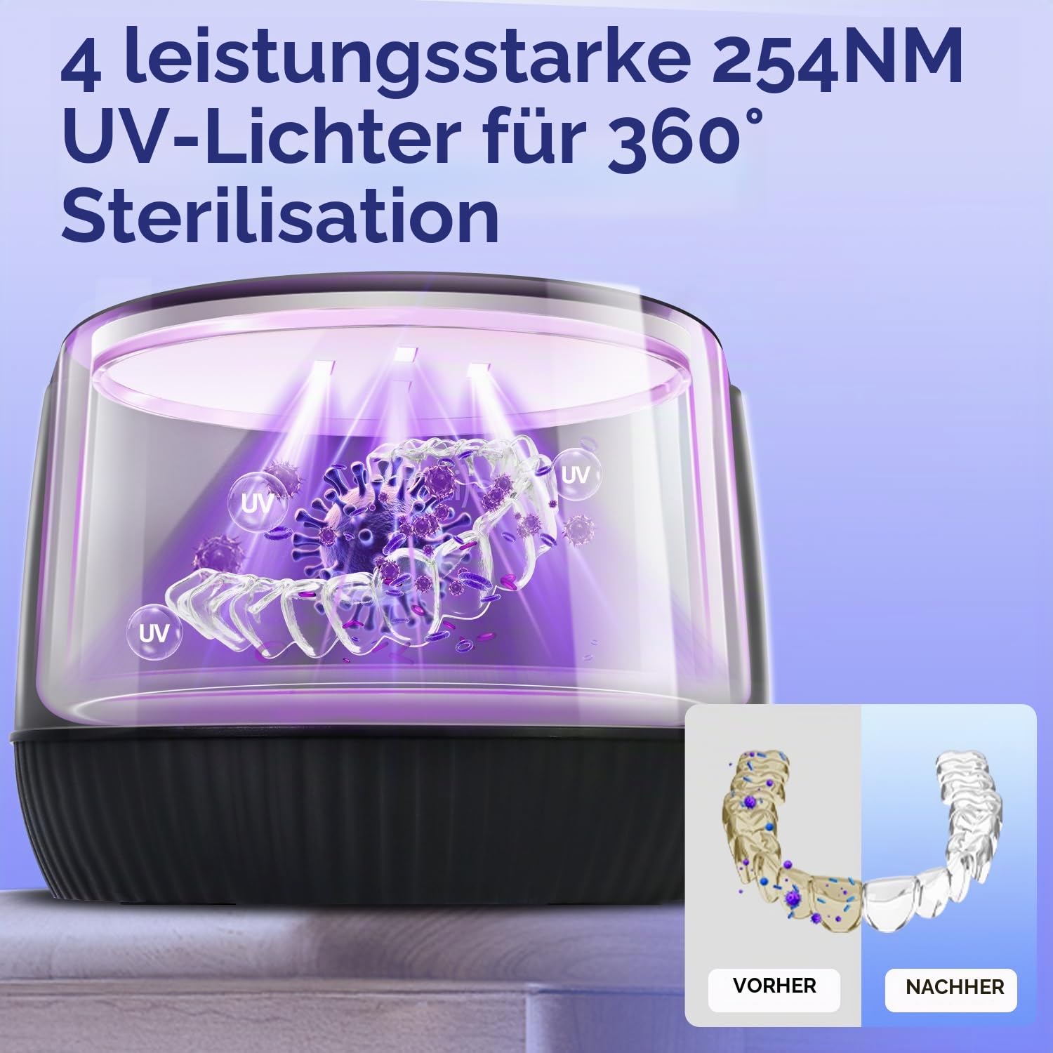 MySmile MS100 Ultraschallreinigungsgerät Zahnschiene mit UV Licht und Timer | 45 kHz, 4 UV, 2 Modi, 200ML, Handlich, Geräuscharm, für Zahnersatz, Mundschutz, Zahnbürstenköpfe, Aligner, Jetzt Schwarz