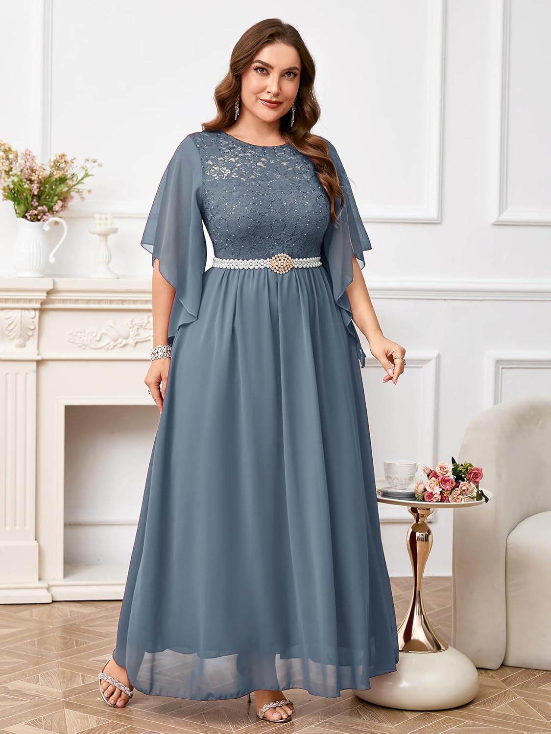 ZOMVA Plus Size 0X-4X Formal Dress Sequin Lace Chiffon A-line Maxi Dress Handkerchief Sleeve Evening Wedding Guest Prom Gown - Image 6