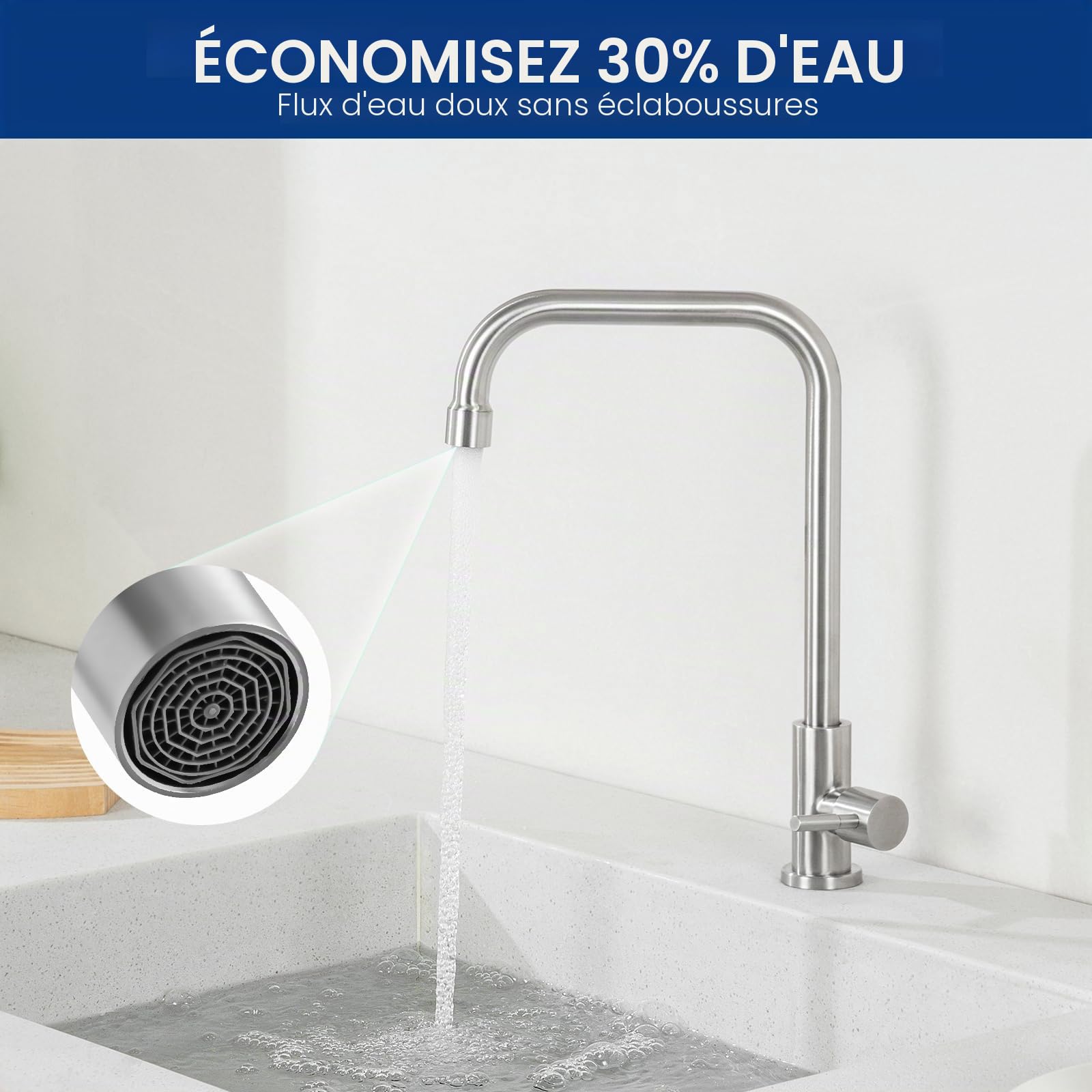 CECIPA Robinet Eau Froide En Acier Inoxydable, Robinet Pivotant à 360°, Mitigeur pour Cuisine, WC Invités, Jardin et Camping Car