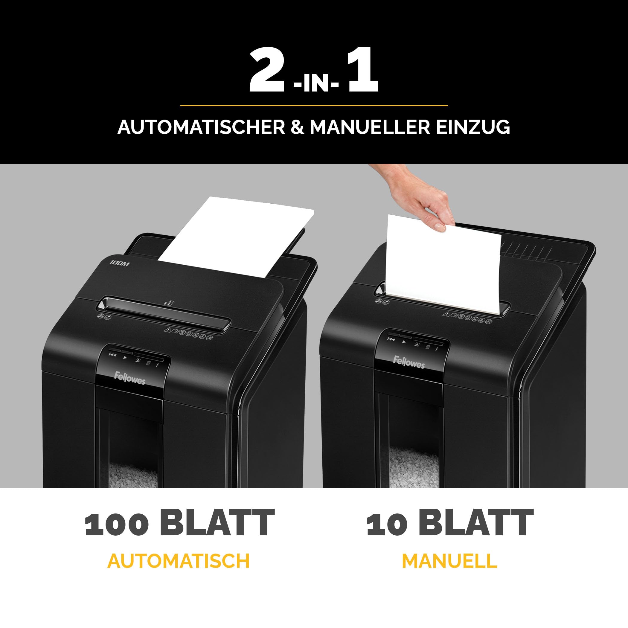 Fellowes Aktenvernichter Autofeed, 100 Blatt Minicut (P4), Papierschredder Hybrid mit automatischem und manuellem Einzug für Büro, AutoMax 100M Schredder, sehr leiser Aktenvernichter, 23L Papierkorb