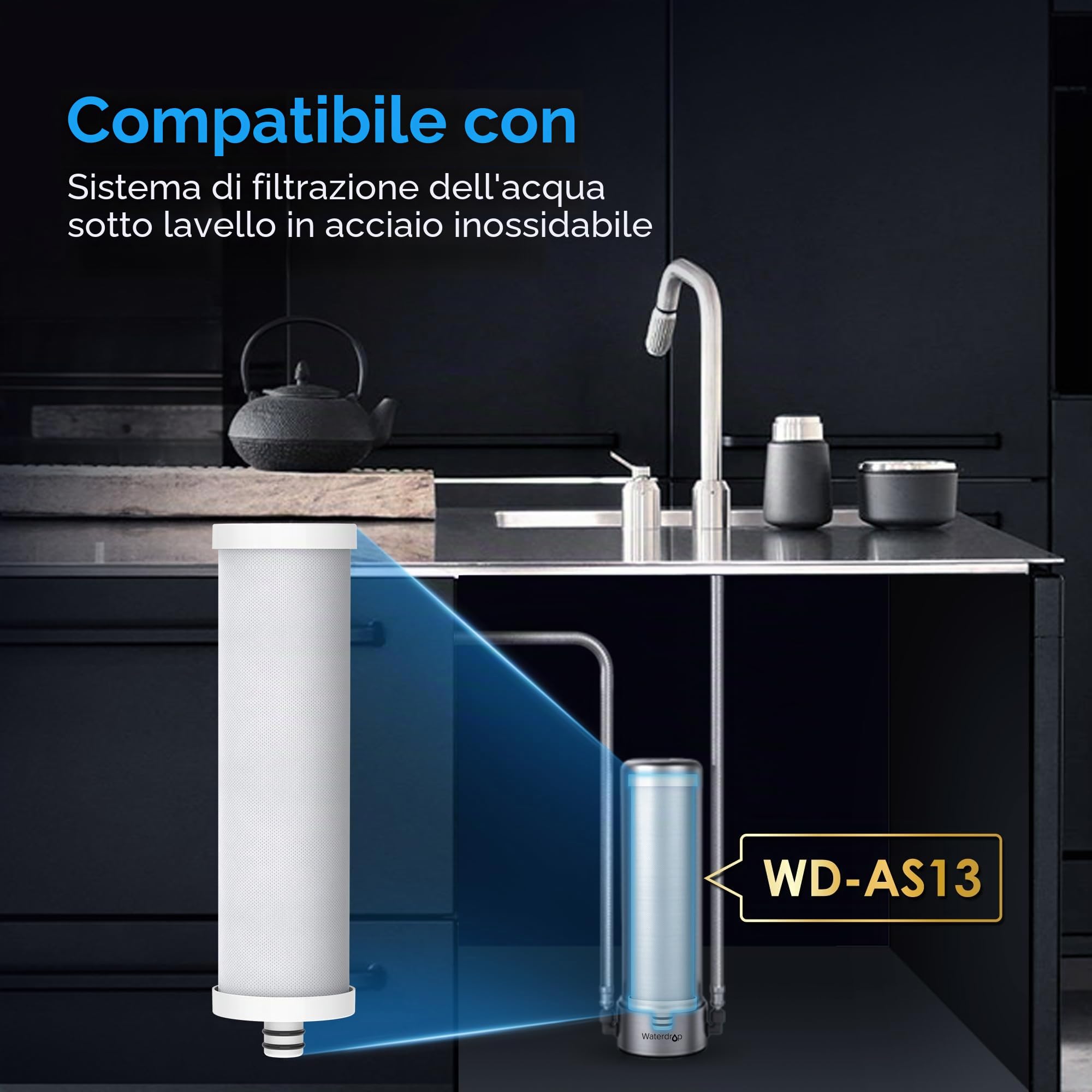 Waterdrop WF13 Filtro d'acqua di ricambio per sottolavello, compatto con AS13/BS13/AP13, certificato NSF/ANSI 42, filtro a 6 fasi senza fori, riduce PFOA/PFOS
