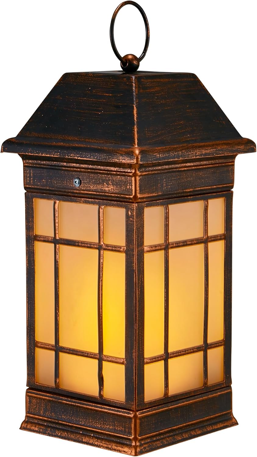 Glass Solar Lantern Outdoor Waterproof, 16" Flickering Flame Solar Lanterns, Hanging Metal Lantern Decorative for Patio Front Porch Garden Backyard Tabletop, Vintage Copper Copper02