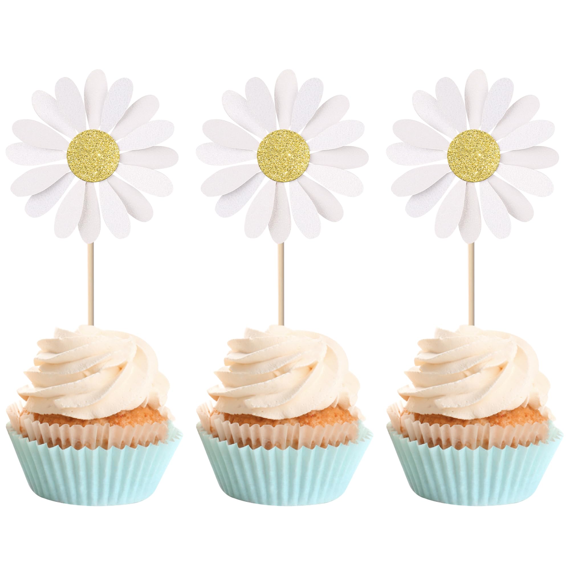 24 Stück Weiße Daisy Kuchen Deko Glitzer Gänseblümchen Tortendeko Daisy Cupcake Toppers für Chrysantheme Thema Baby Dusche Hochzeit Geburtstag Party Kuchen Dekoration