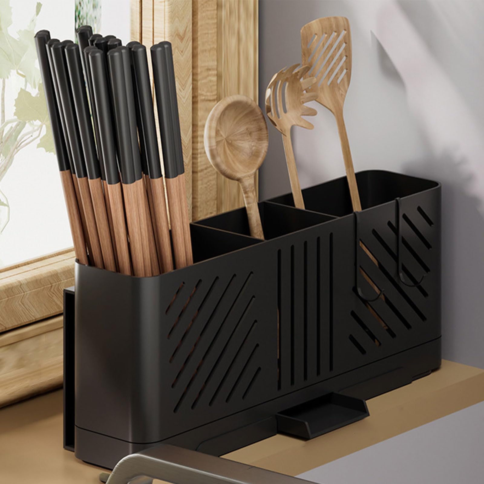 Soporte para utensilios de cocina con ganchos, escurridor de cubiertos y cucharas, organizador de encimera negro para cocina y comedor