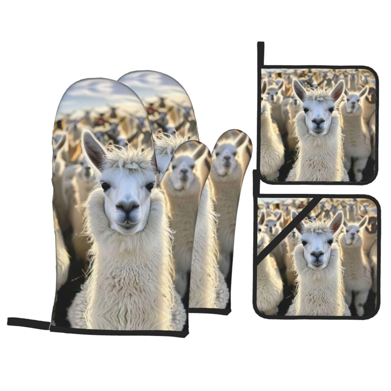Cute Llama Print Oven Microwaving Waterproof Kitchen Gloves for Baking Grilling Holiday Cooking