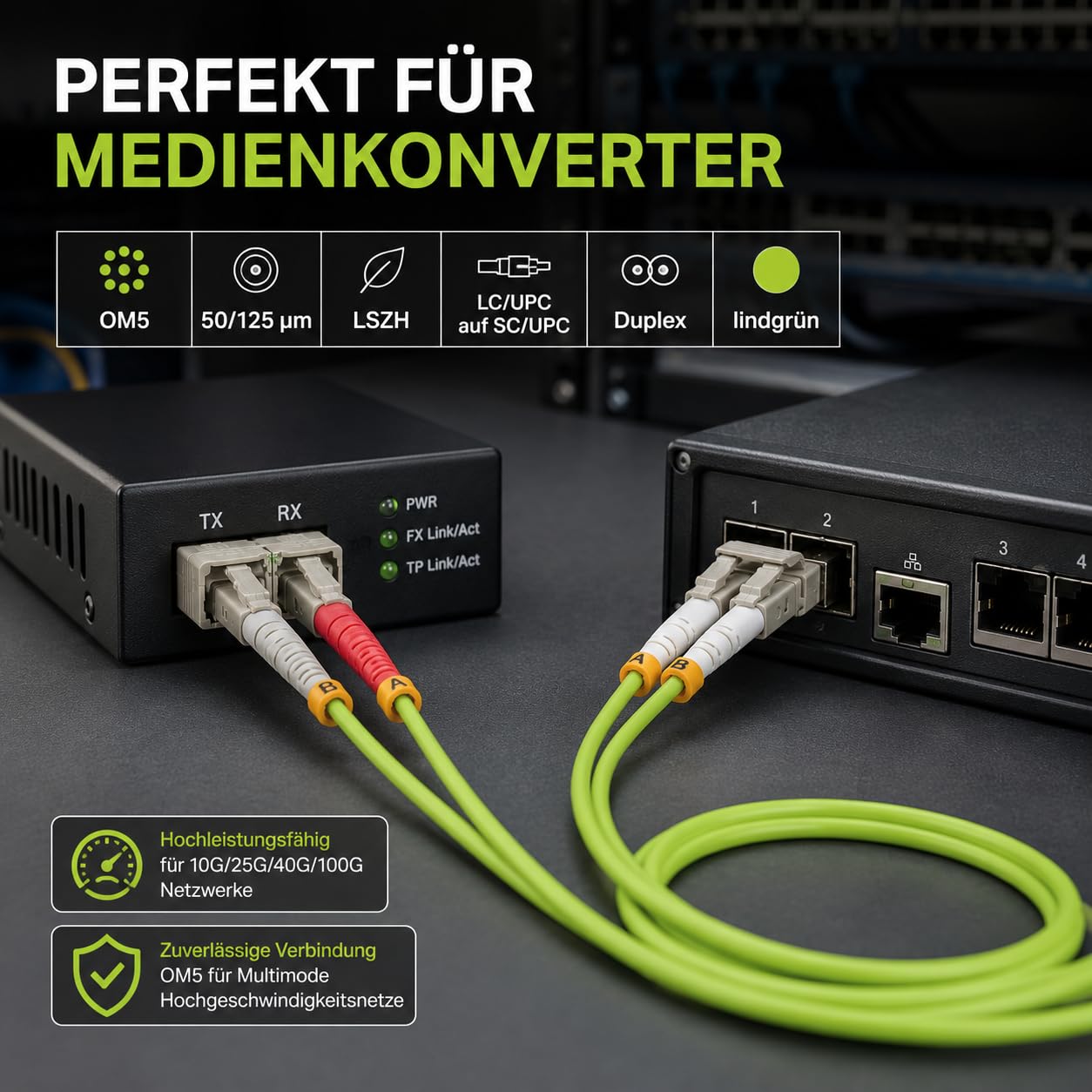 1 câble de brassage duplex OM5 LWL DX de 30 m, LC/UPC - SC/UPC MM multimode, 50/125 µm, LSZH, vert citron.