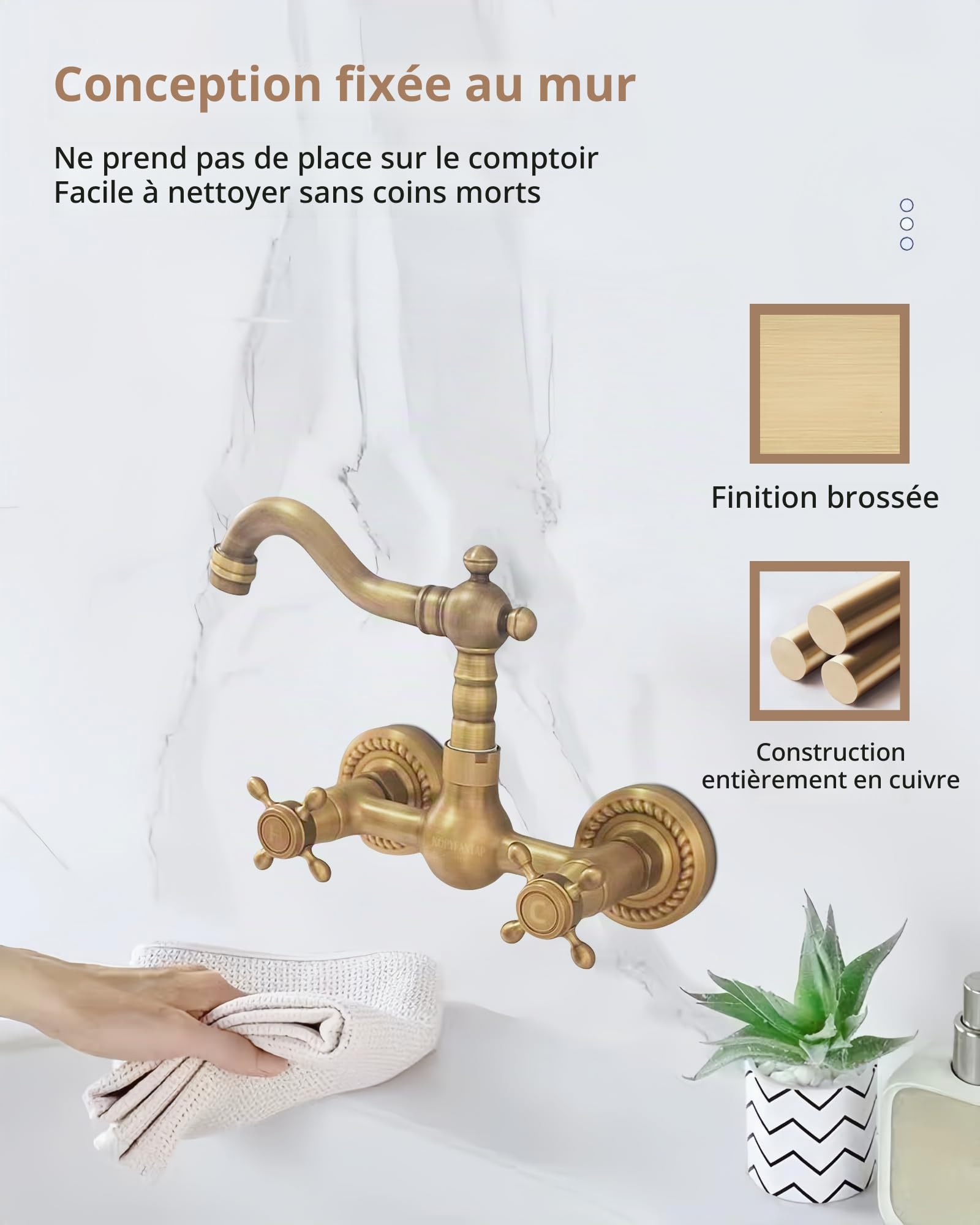Rétro Robinet Cuisine Mural Laiton Antique à Deux Poignées
