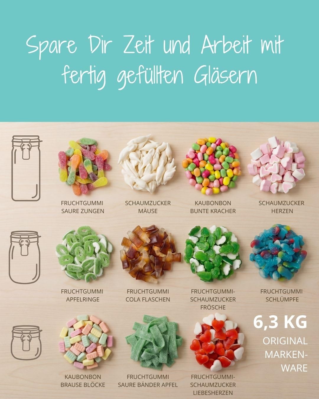 Der Zuckerbäcker Fertige Candy-Bar, Gläser gefüllt mit Süßigkeiten - Candybar Zubehör Set inklusive, Candy Bar Süssigkeiten für Hochzeit, Geburtstag