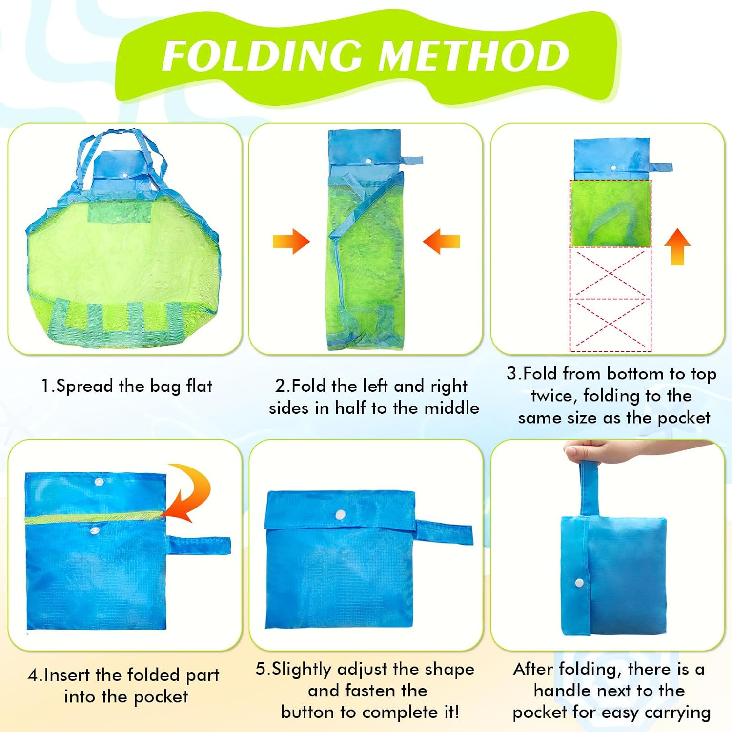 INVODA Mesh Beach Bag Large Sand Toy Bag Foldable Mesh Tote Shell Bags Beach Shoulder Bag for Sand Toy, Picnic,