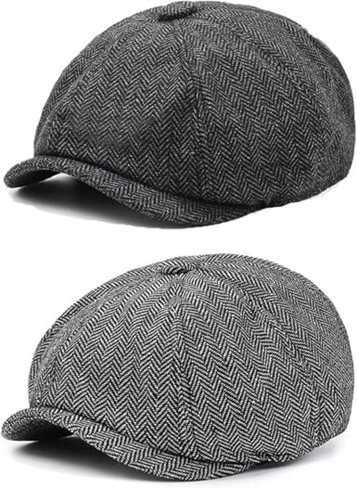 2 PCS Costume Hat, Men's Cotton Flat Cap Beret, Newsboy Hats, 8 Panel Baker Boy Hats for Men, 1920s Mens Caps, Tweed Hats Accessories for Cosplay (Black and Grey)