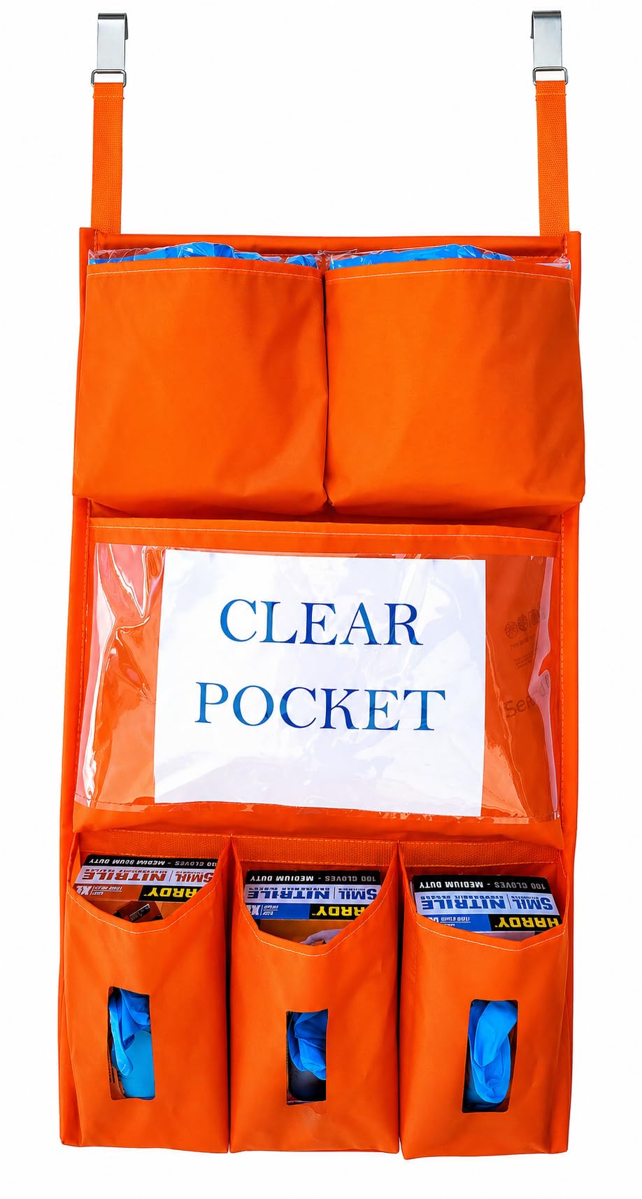 It's Sew EZ Personal Protection Equipment (PPE) Isolation Door Caddy - 6 Pockets - NFPA-701 Fire Retardant Nylon Oxford with Two Stainless Steel Hooks included (Orange, 6 pockets)