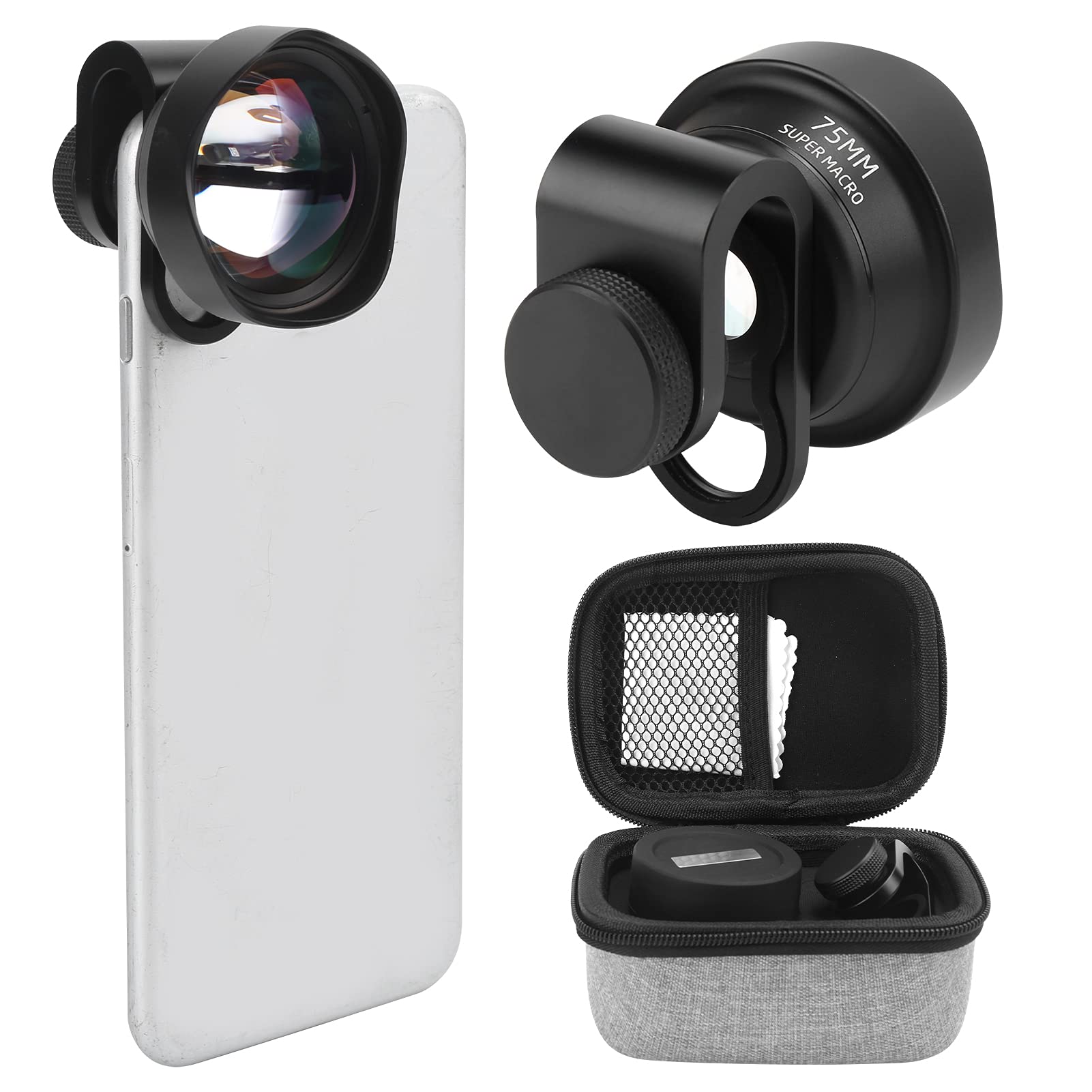 Obiektyw Makro 75 Mm do Smartfona, Asferyczny Obiektyw Aparatu o Powiększeniu 10X z Mocowaniem M14 X P0,75, do Fotografowania z Małej Odległości i Podkładka IOS