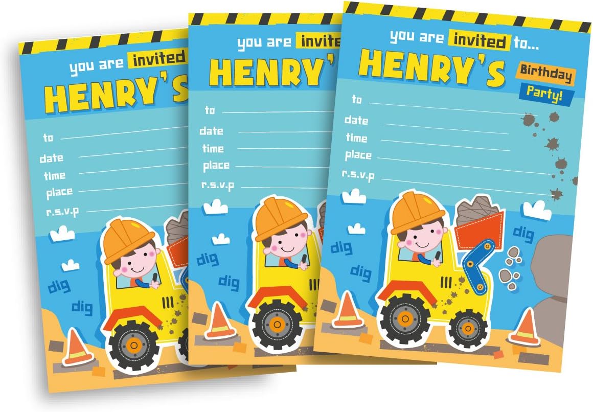20 Children's Personalised Birthday Party Invitations Digger Blue Amazon.co.uk Toys & Games