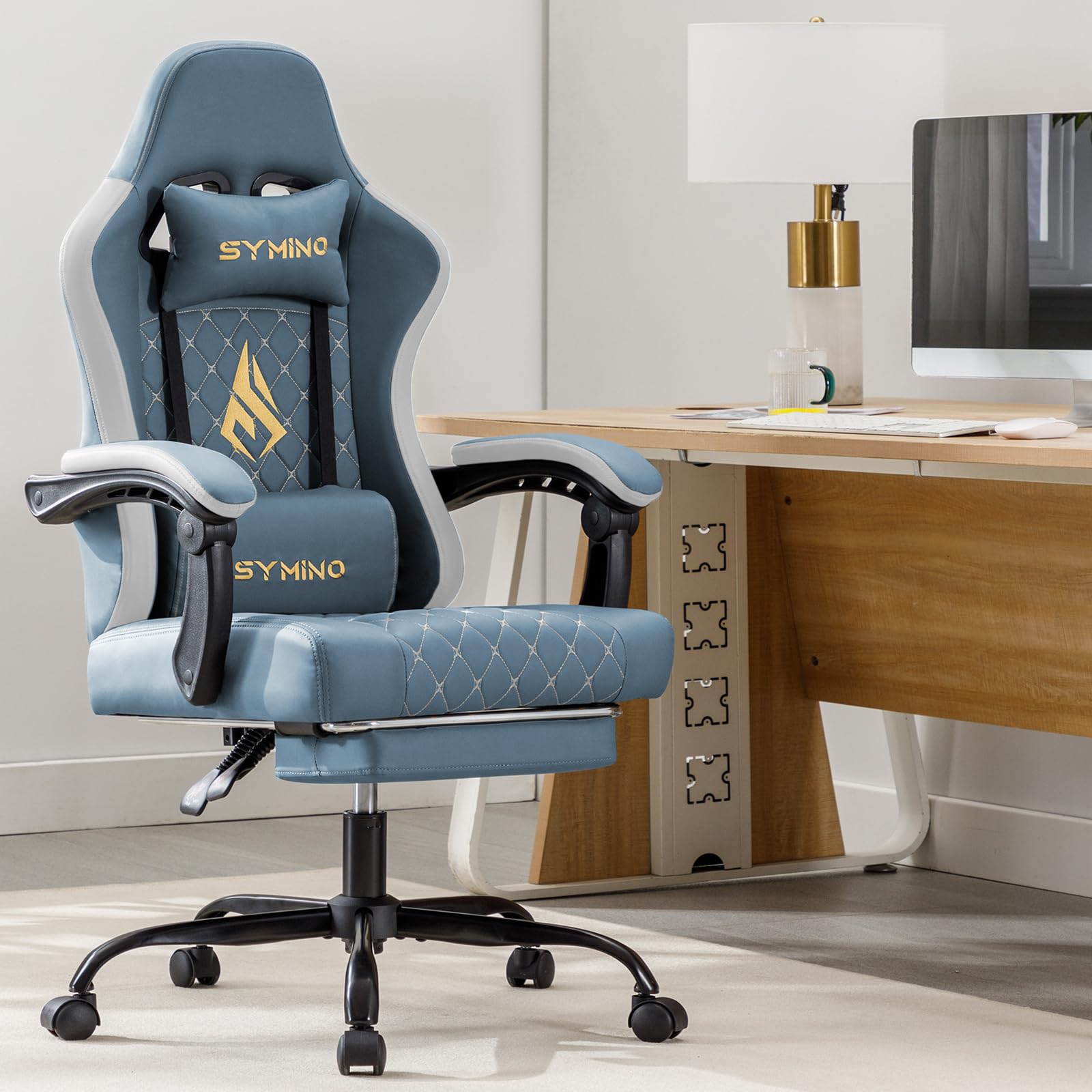 Symino Silla Gaming Ergonómica con Asiento de Espuma Alta Densidad – 150 kg, Reclinable con Soporte Lumbar, Reposabrazos Ergonómicos, Giratoria 360° para Oficina y Escritorio